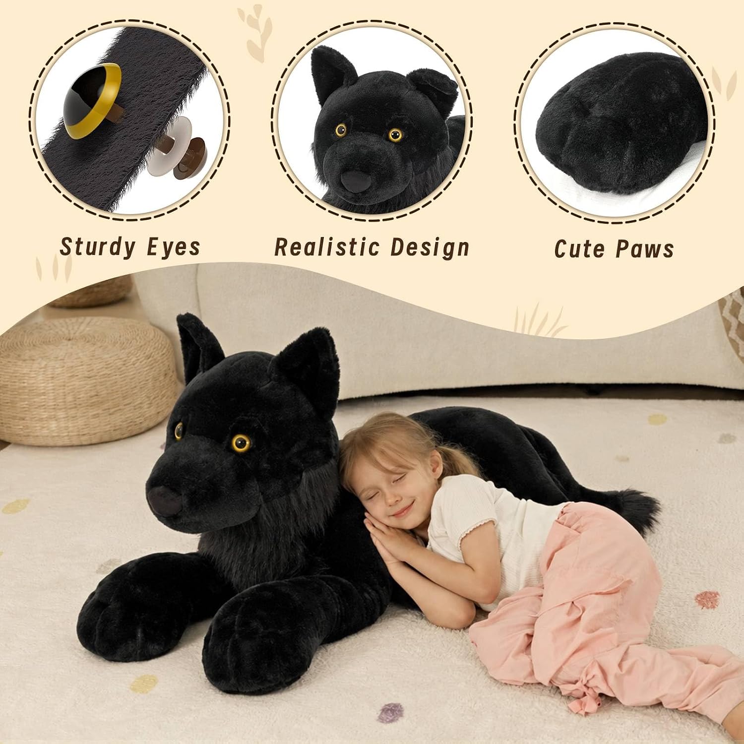MaoGoLan Black Wolf Stuffed Animal, Giant Wolf Plush Toy for Kid, 47" image 3