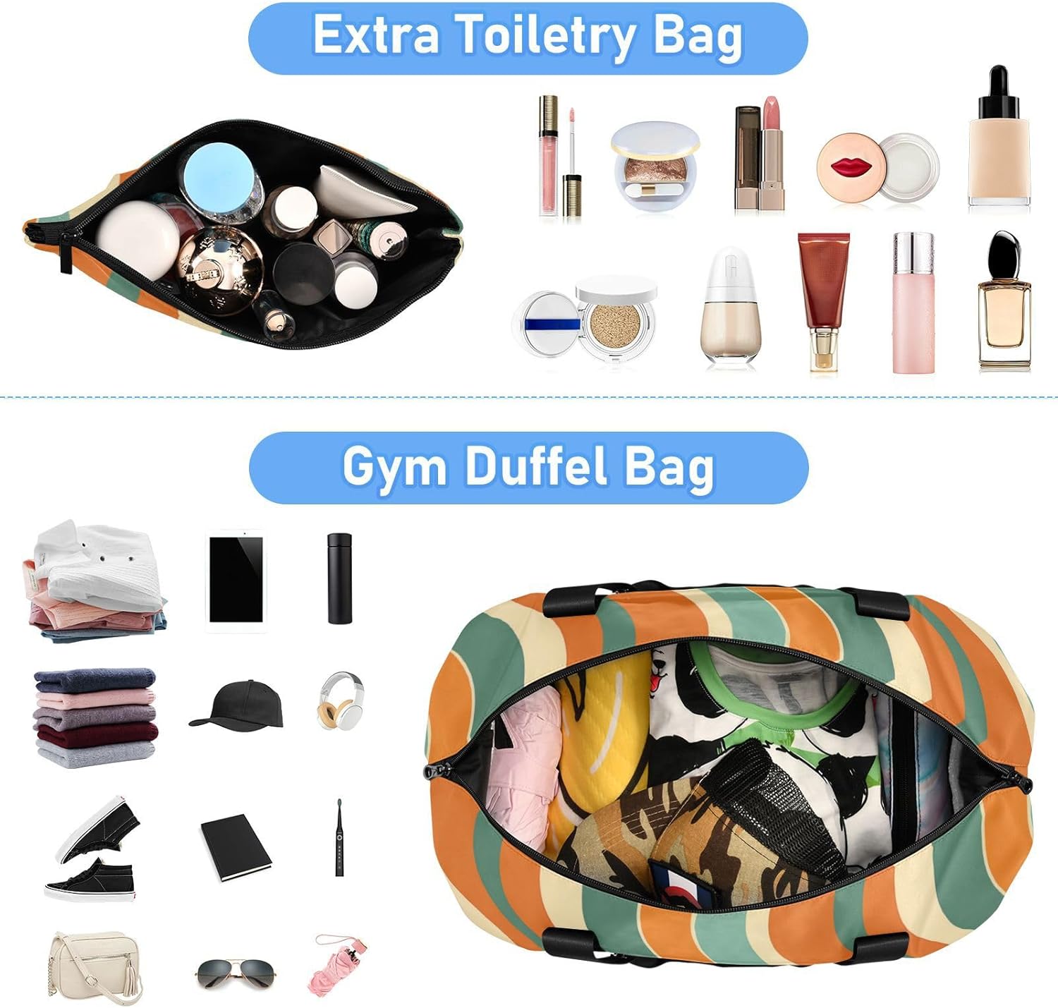 Orange and Teal Seamless Pattern Gym Tote Bag Large Carry On Bag with Toiletry Bag for Business Trips Multifunctional