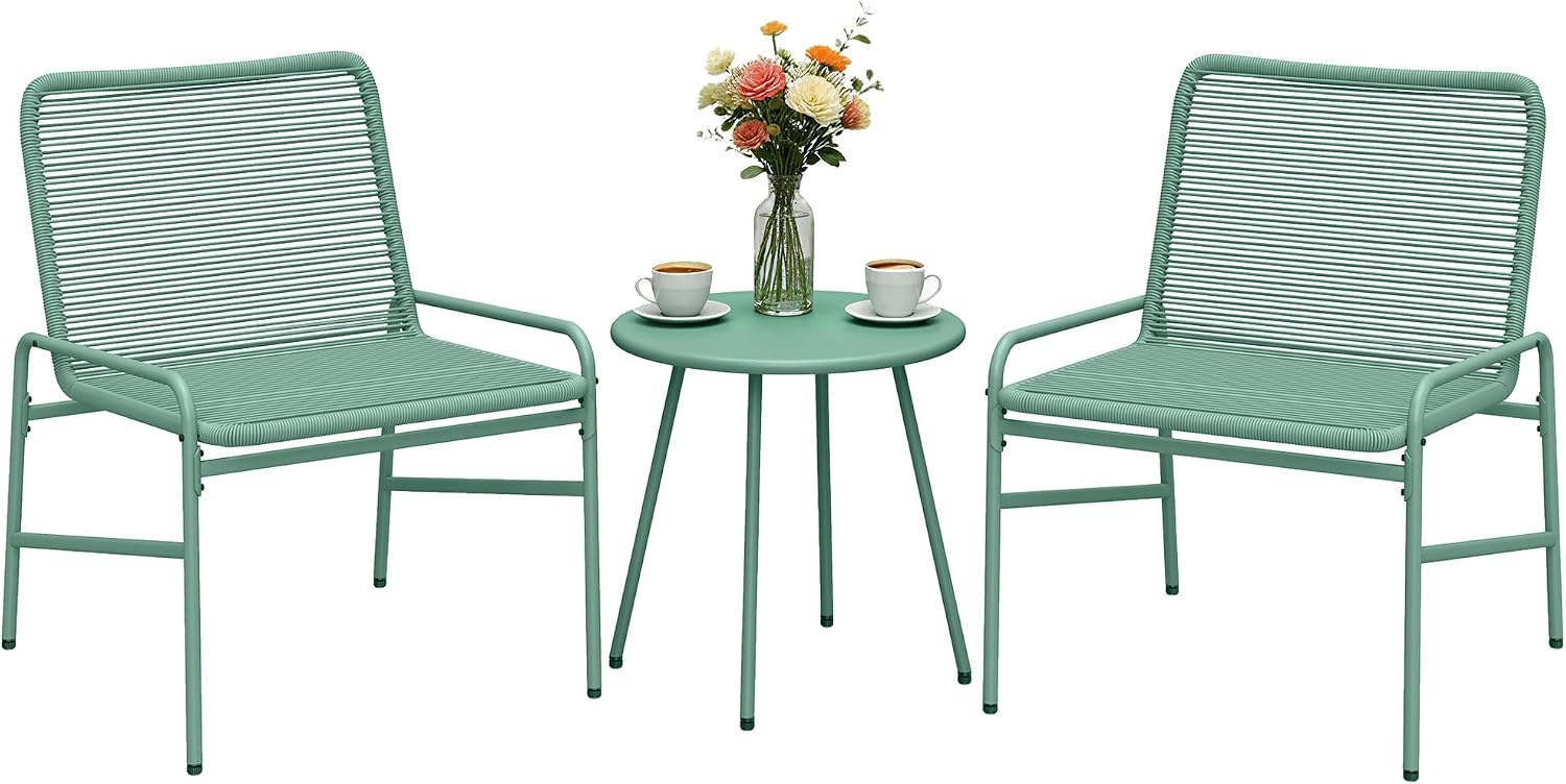 Outsunny 3 Piece Rattan Bistro Set, Outdoor Garden Furniture Set with 2 Chairs, Round Coffee Table and Galvanised Steel Frame, Wicker Seating for Patio, Balcony, Porch, Green