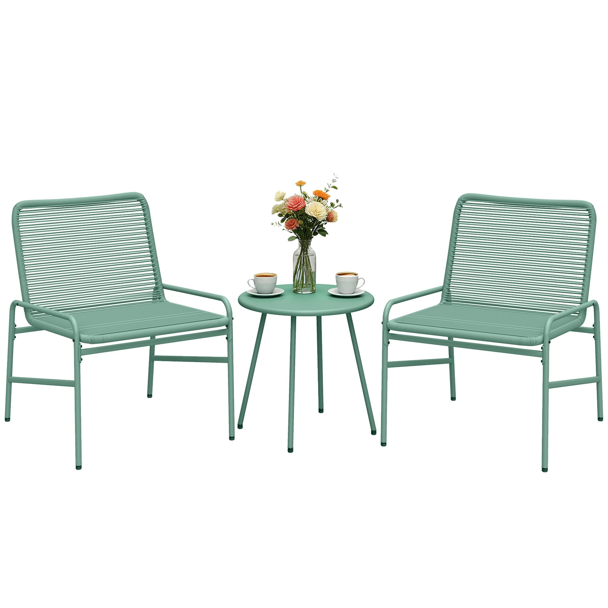 Outsunny Salon de Jardin Extérieur 3 Pièces en Résine Tressée, Table de Jardin Ronde avec 2 Chaises, Pieds Ajustables, Cadre en Acier Galvanisé, Mobilier de Jardin pour Balcon Terrasse Patio, Vert