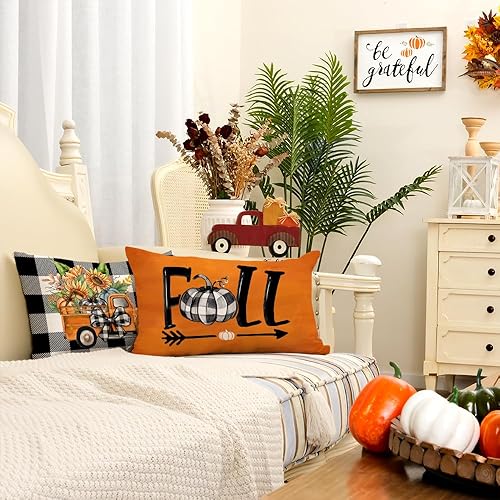 Miniatura 5 de GEEORY Juego de 4 fundas de almohada decorativas de otoño de 16 x 16 pulgadas, diseño de calabazas, diseño de búfalo bendecido con texto en inglés