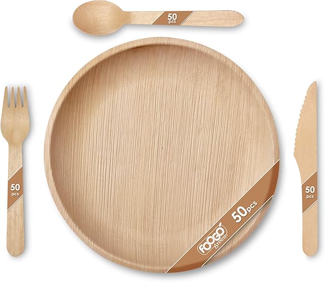 FOOGO Green 200pcs Disposable Palm Leaf Plates and Wooden Cutlery Set| 50x Large Round Plates, 50x Forks, 50x Knives, 50x Spoons |Eco Friendly Biodegradable|Wedding Party Rigid Paper Wedding Plates