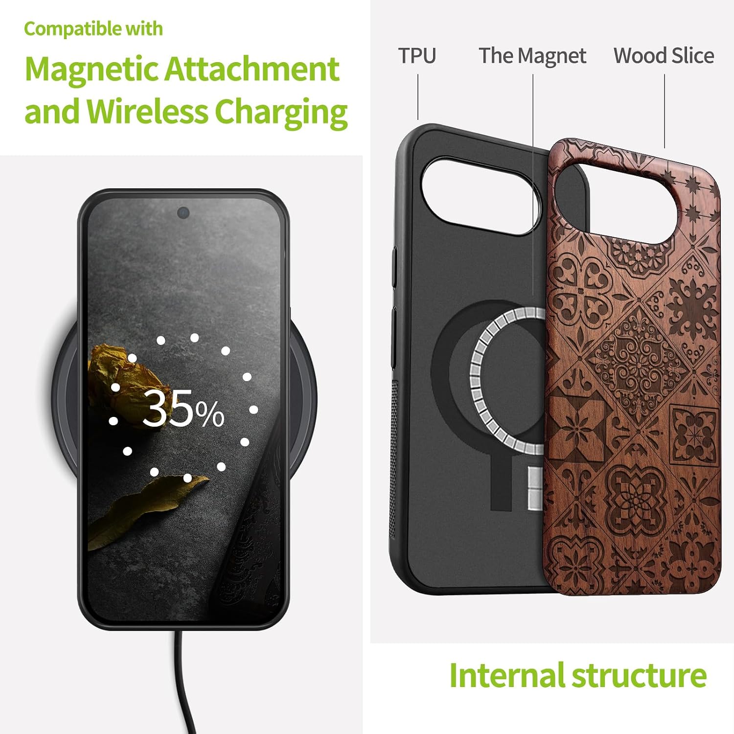 Carveit Magnetic Wooden Case for Google Pixel 10a Case, Wood Artisan Engraved & Soft TPU Shockproof Cover, Compatible with MagSafe Wireless Chargers (Tapestry of Moroccan Tiles) Rosy