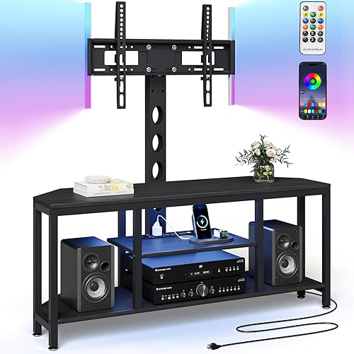 Soporte de TV esquinero con soporte LED, soporte universal para TV de 32 a 65 pulgadas, consola giratoria de altura ajustable, centro de