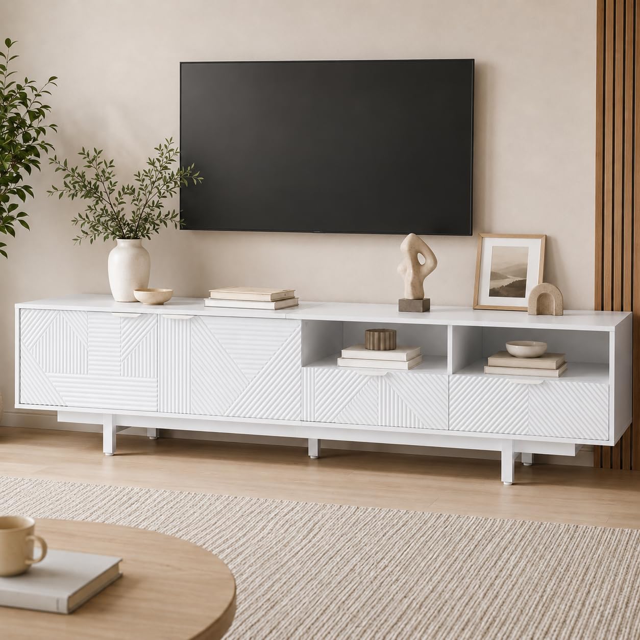 Armario bajo para TV de 200 cm de largo, con 2 puertas y 2 cajones, apto para 90 pulgadas, mesa de televisión con compartimento abierto, armario para salón, dormitorio, 200 x 40 x 51 cm, blanco
