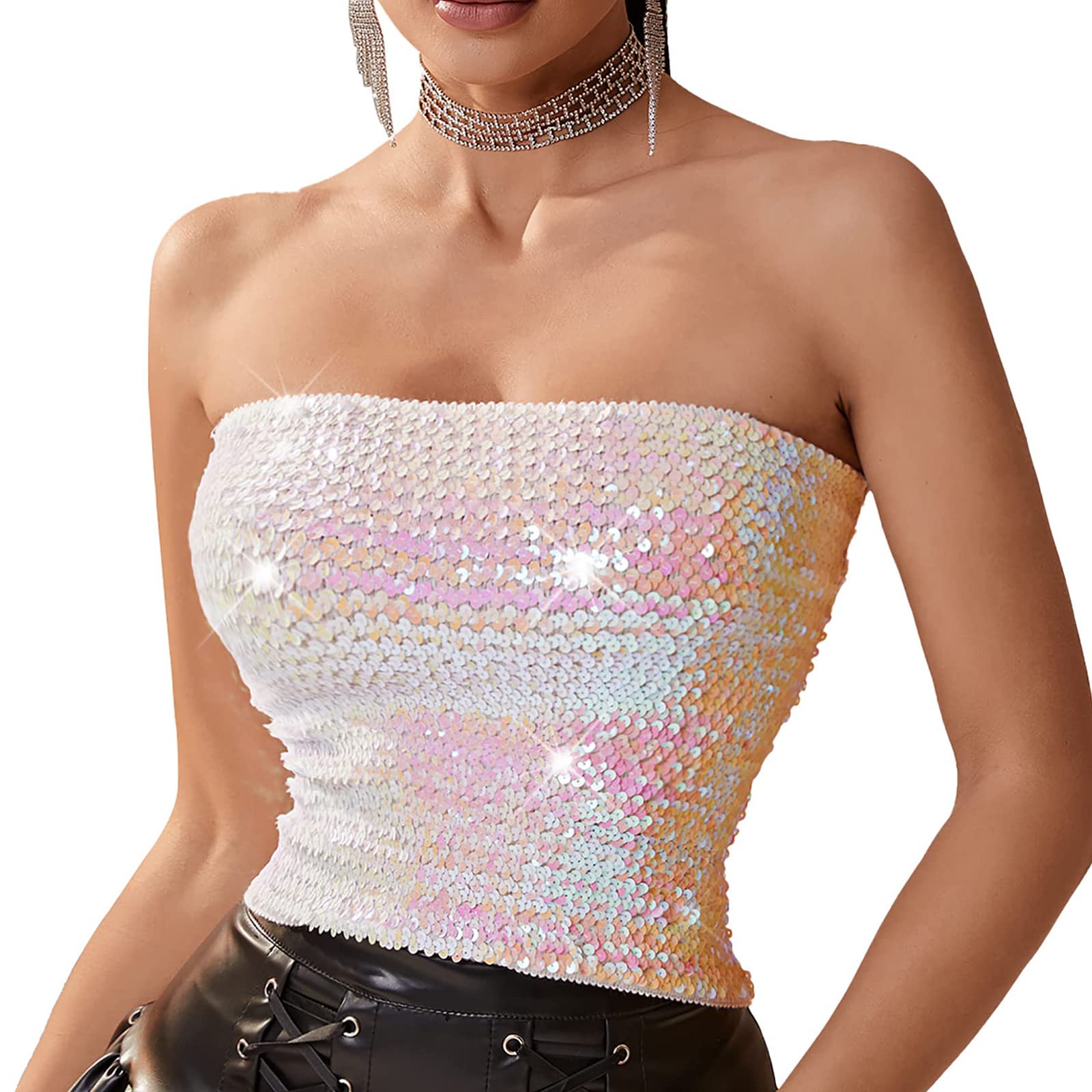 Maxtonser Women Sparkling Sequins Sleeveless Tube Top Stretch Bandeau Strapless Glitter Metallic Crop Top Camisole Party Clubwear