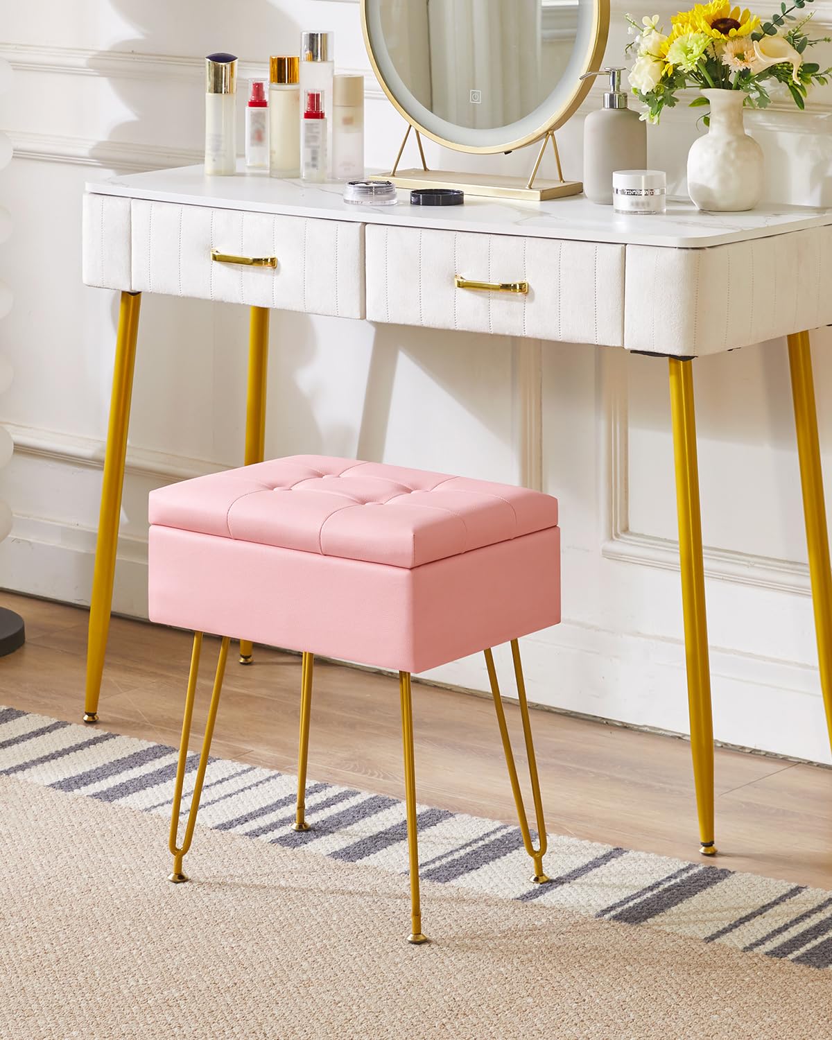 IBUYKE Multifunzionale Stoccaggio Vanity Sgabello con Flip Table, Gambe in Metallo Regolabili & Pelle PU - 40x30x48cm Poggiapiedi ottomano per Trucco, Soggiorno, Ingresso Rosa WBD014P