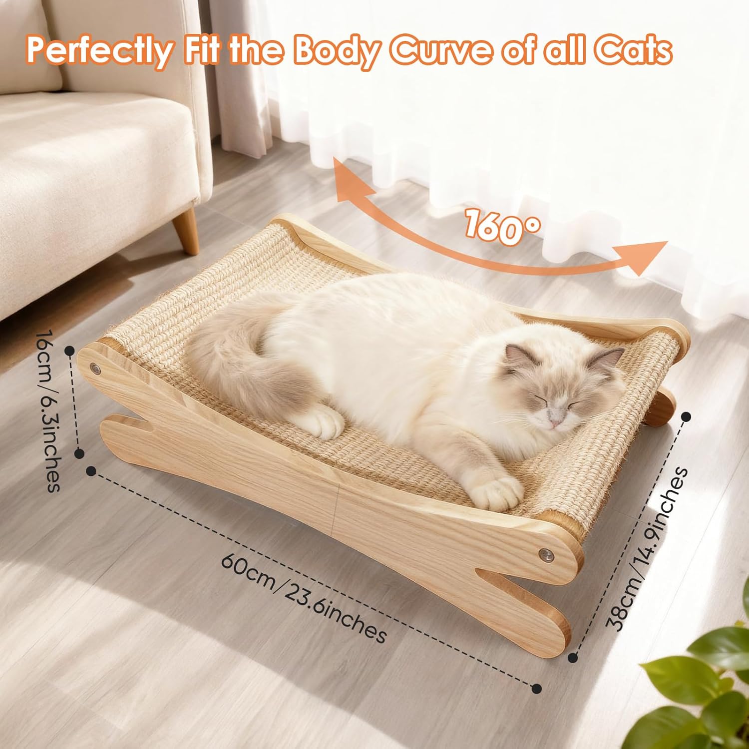 Natural Sisal Cat Scratcher Bed with Hammock – Solid Wood Furniture Style, Extra Large Cat Lounger & Scratch Pad for Indoor Cats, Protects Furniture