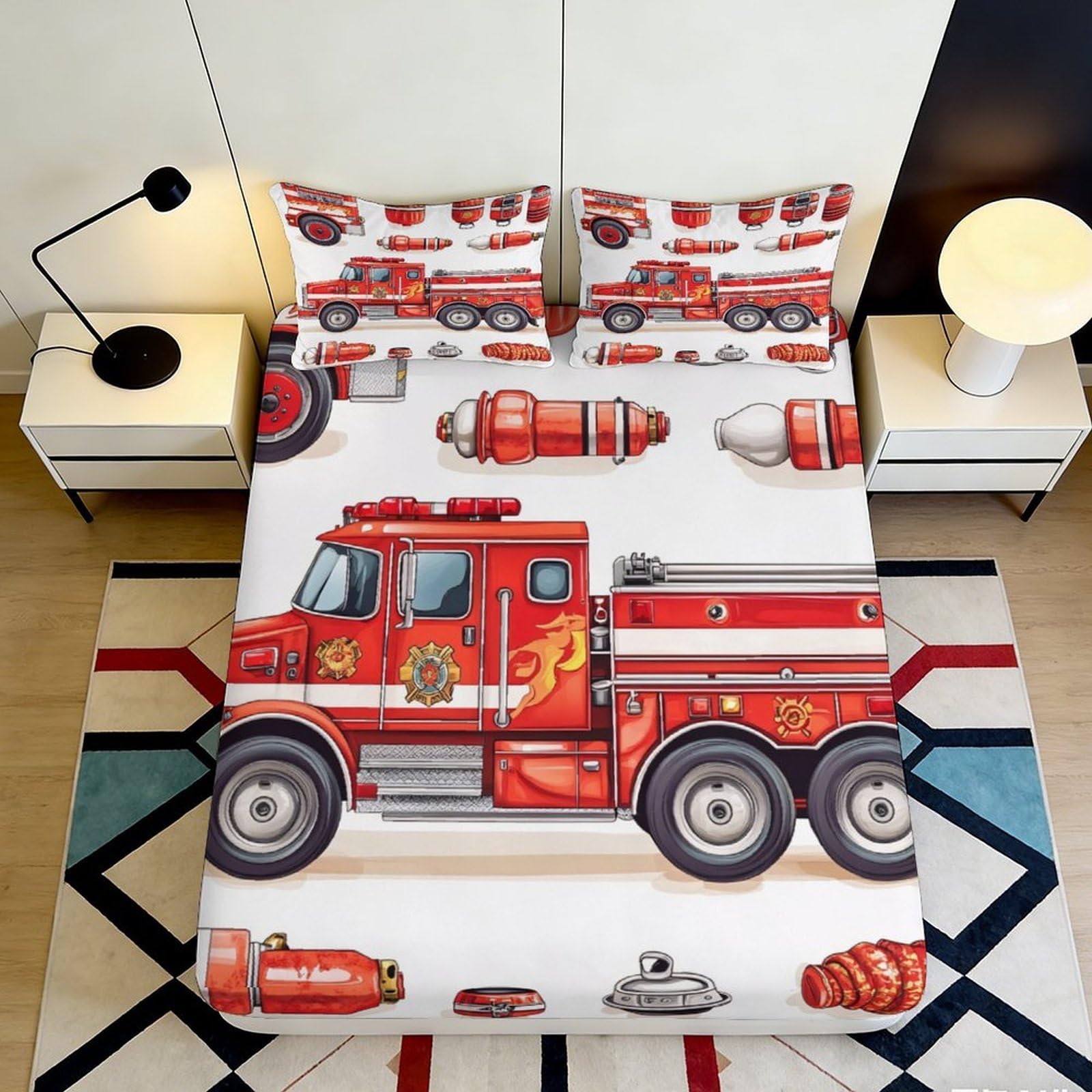 3D Printed Fire Truck Fitted Sheet Microfiber Durable Breathable Fire Engine Bed Cover for Bedroom Dormitory Guest Room Mattress Protection 140x200x25cm