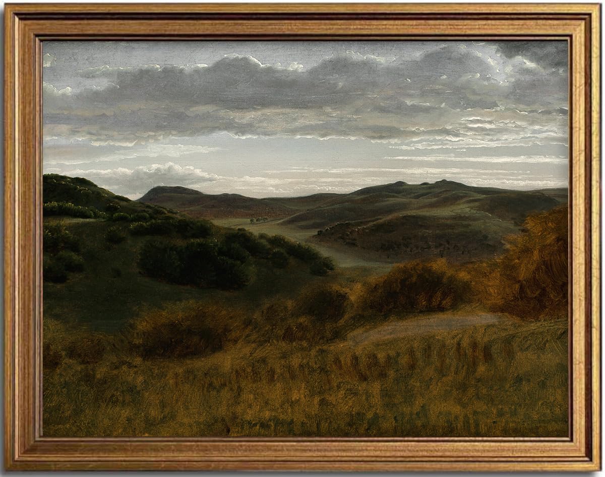KBKBART Gold Framed Vintage Landscape Wall Art Home Decor, Retro Mountain Vintage Painting Prints, Moody Countryside Farmhouse Landscape Wall Decor, Canvas Wall Art for Living Room Bedroom Home