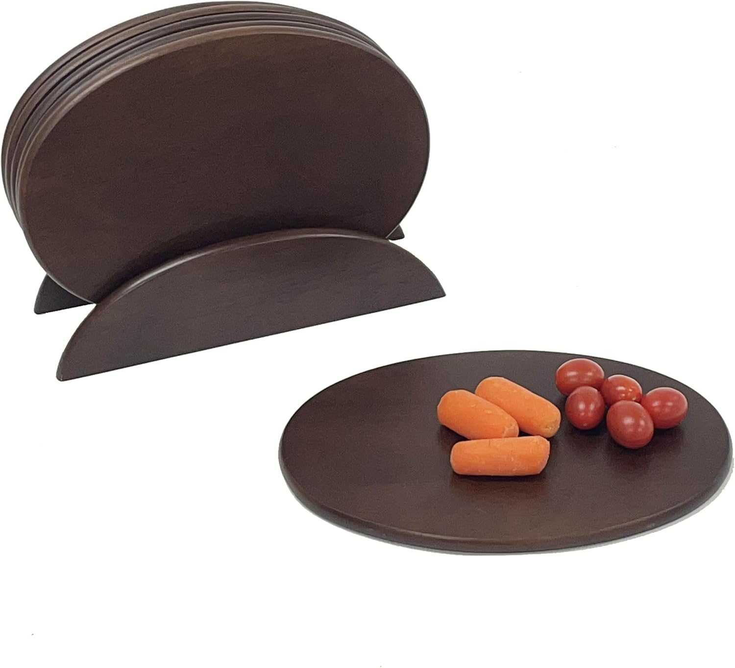 Woodard & Charles 6 Acacia Wood Serving Boards with Stand, Perfect for Serving, Sushi, Cheese, Hors d'oeuvre, Charcuterie, Sandwiches, 7 Piece Set, 9 1/2" x 6 1/2"