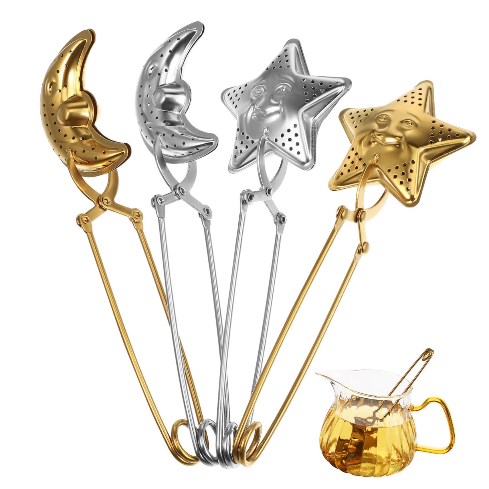 NUOBESTY 4 Pcs Snap Tea Strainers Stainless Steel Loose Leaf Tea Steepers Long Handle Star Moon Shape Strainer