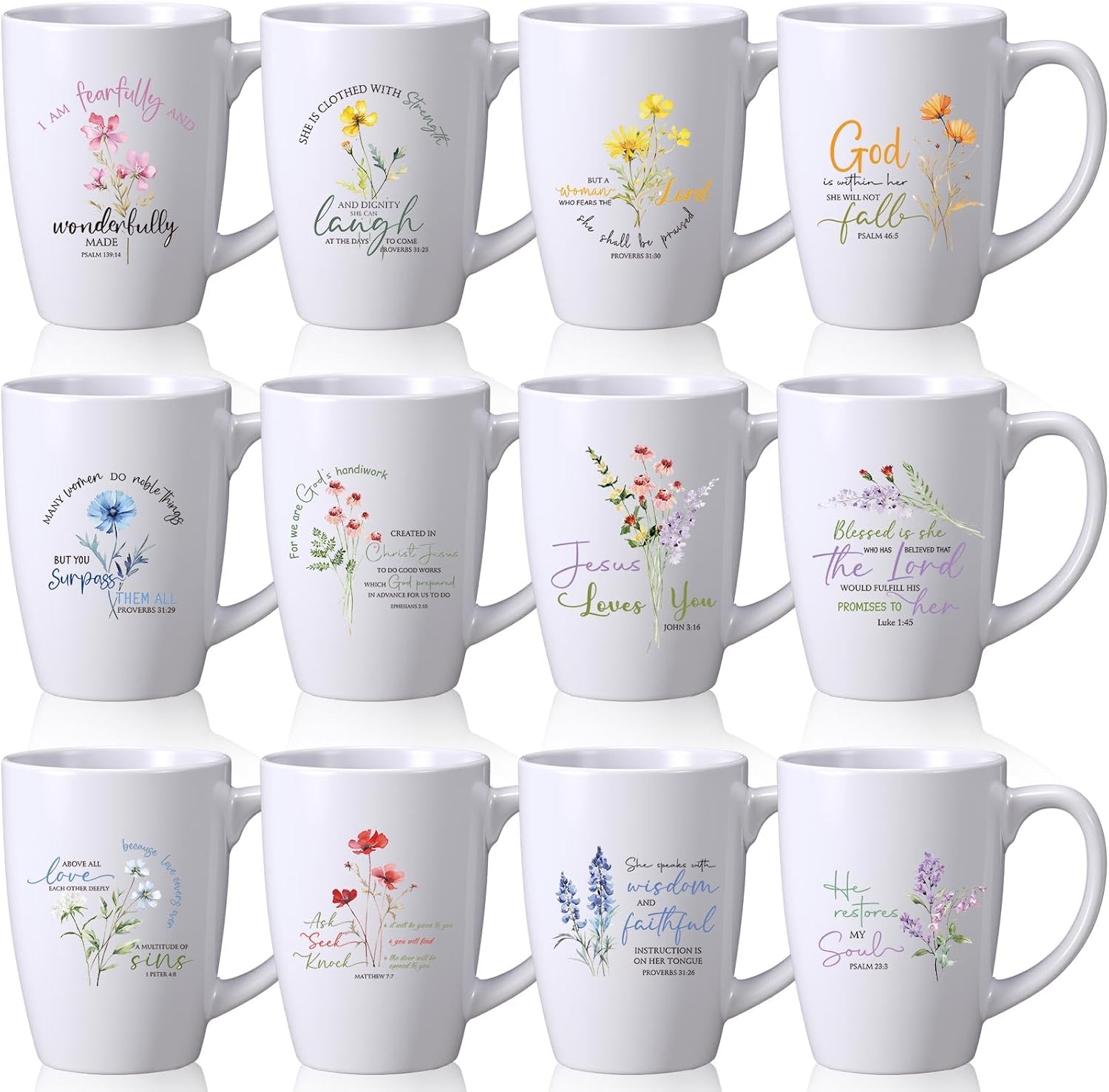 12 Pcs Mother's Day Christian Coffee Mug Gifts Set for Women Men 12oz Bible Verses Ceramic Cup Religious Coffee Mugs for Pastor Family Church Party Favors Gifts, No Dishwasher(Flower)
