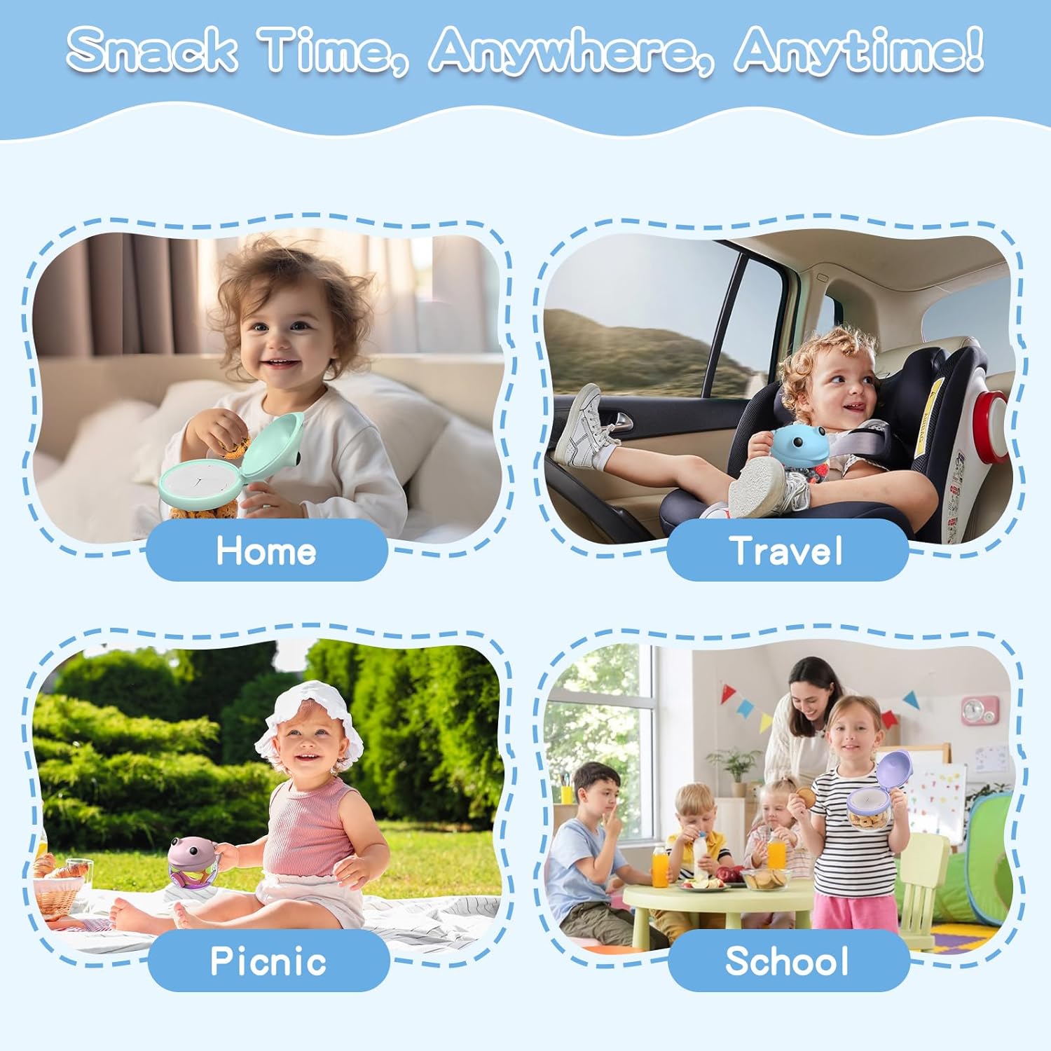 4 Pack 12.3 Oz Snack Cups for Toddlers Spill Proof Food Grade Tritan Baby Snack Container with Cute Frog Lid and Handle PVC Free Kids Snack Catcher Fit for On-The-Go