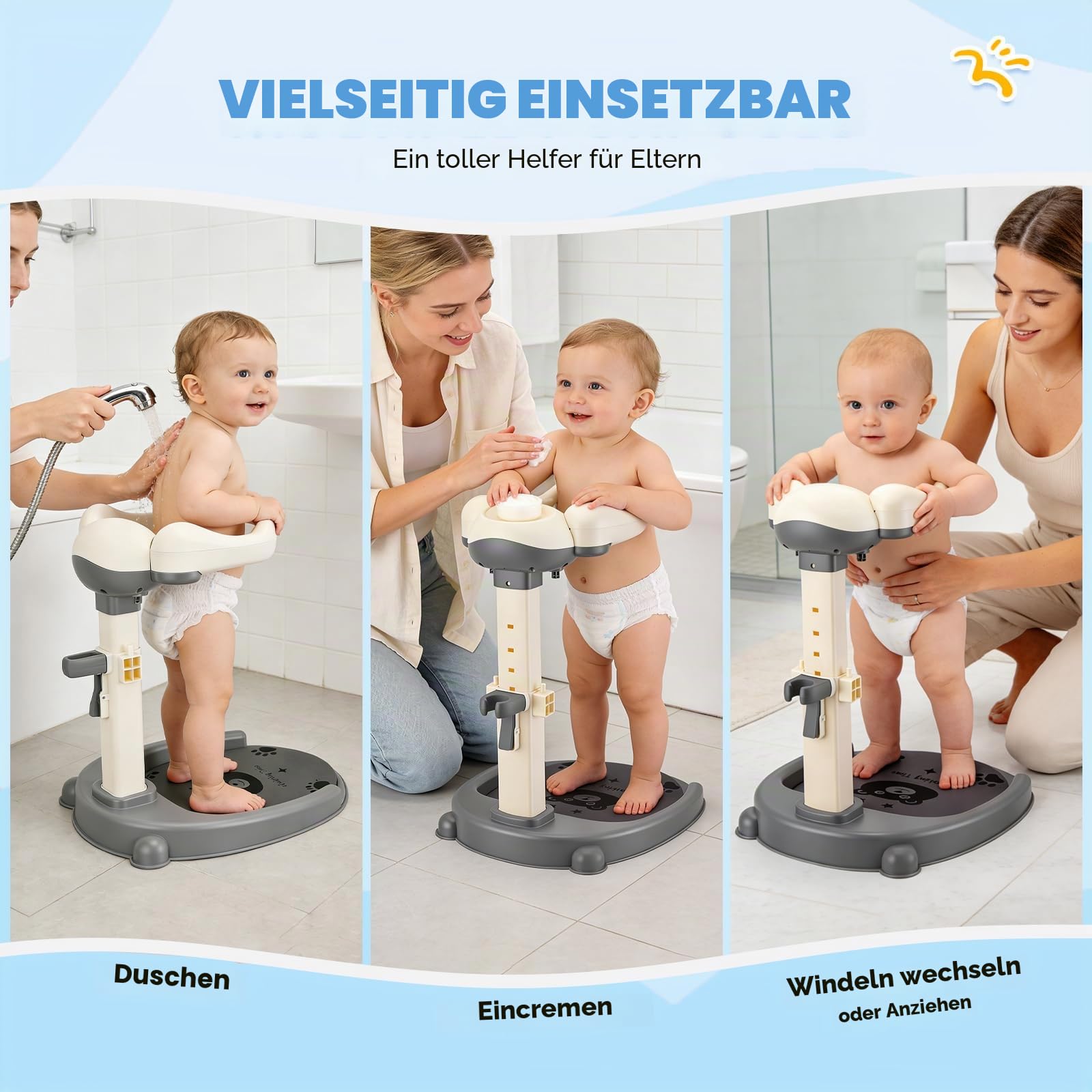 Baby Dusche Ständer, Höhenverstellung 40-57cm, Baby Shower Stand Support mit Anti-Rutsch Basis & Rutschfester Matte, BPA-frei, Shower Support für Kinder 6-36 Monate zum Baden, Wickeln & Anziehen(Weiß)