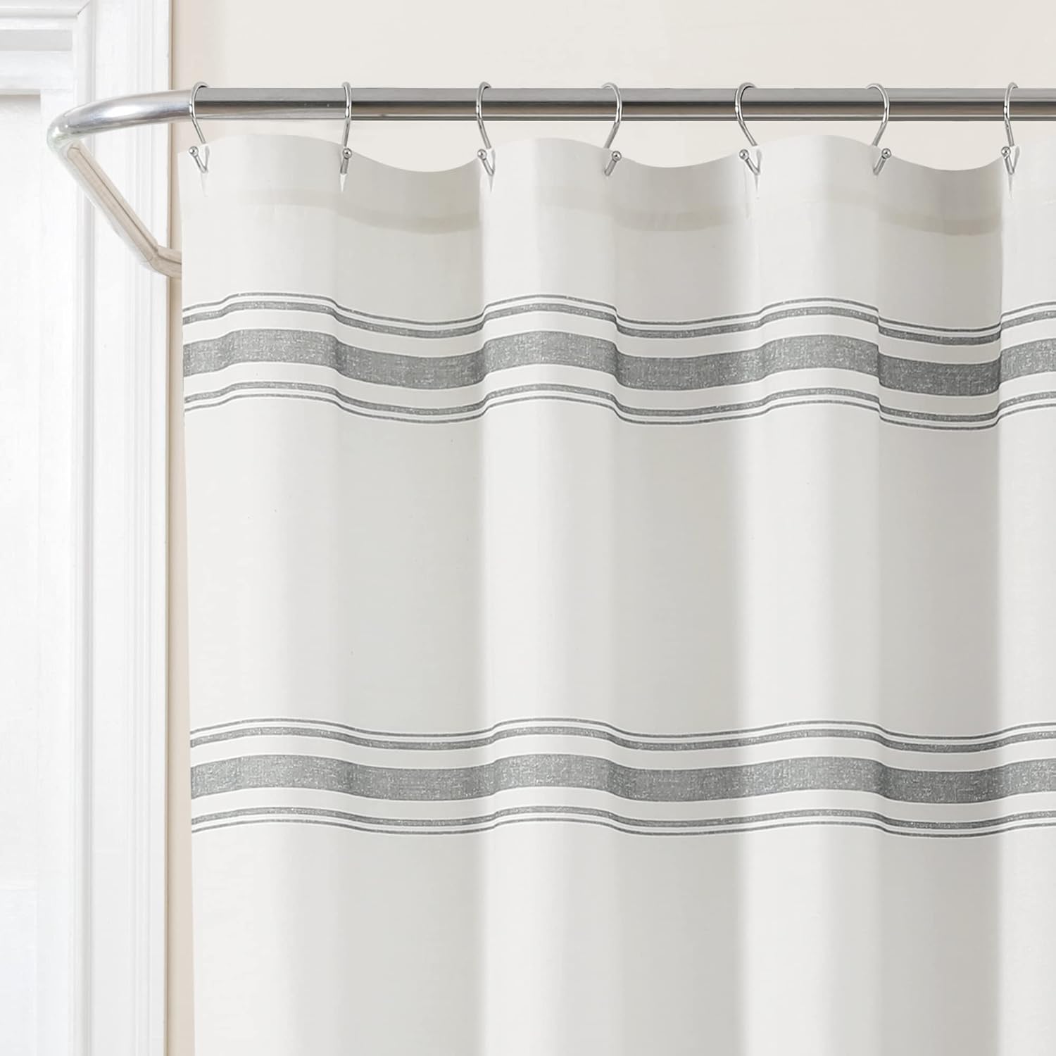 Lush Decor Farmhouse Stripe Cotton Shower Curtain, 72" W x 72" L, Dark Gray - Striped Bathroom Curtain - Fabric Shower Curtains - Farmhouse Bathroom Decor