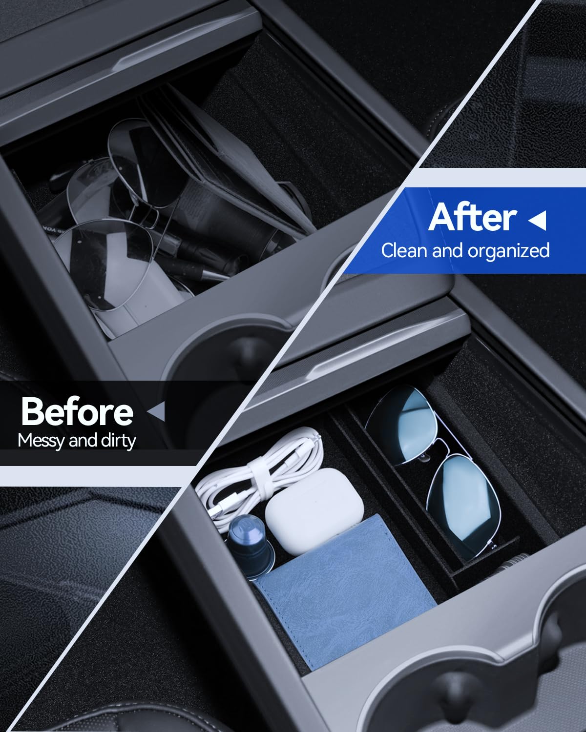 5 Pcs Zubehör für Tesla Model 3 2024-2026 Mittelkonsole Organizer, Silikon Organizer Tray, Armlehne Aufbewahrungsbox, Versteckte Box und Getränkehalter