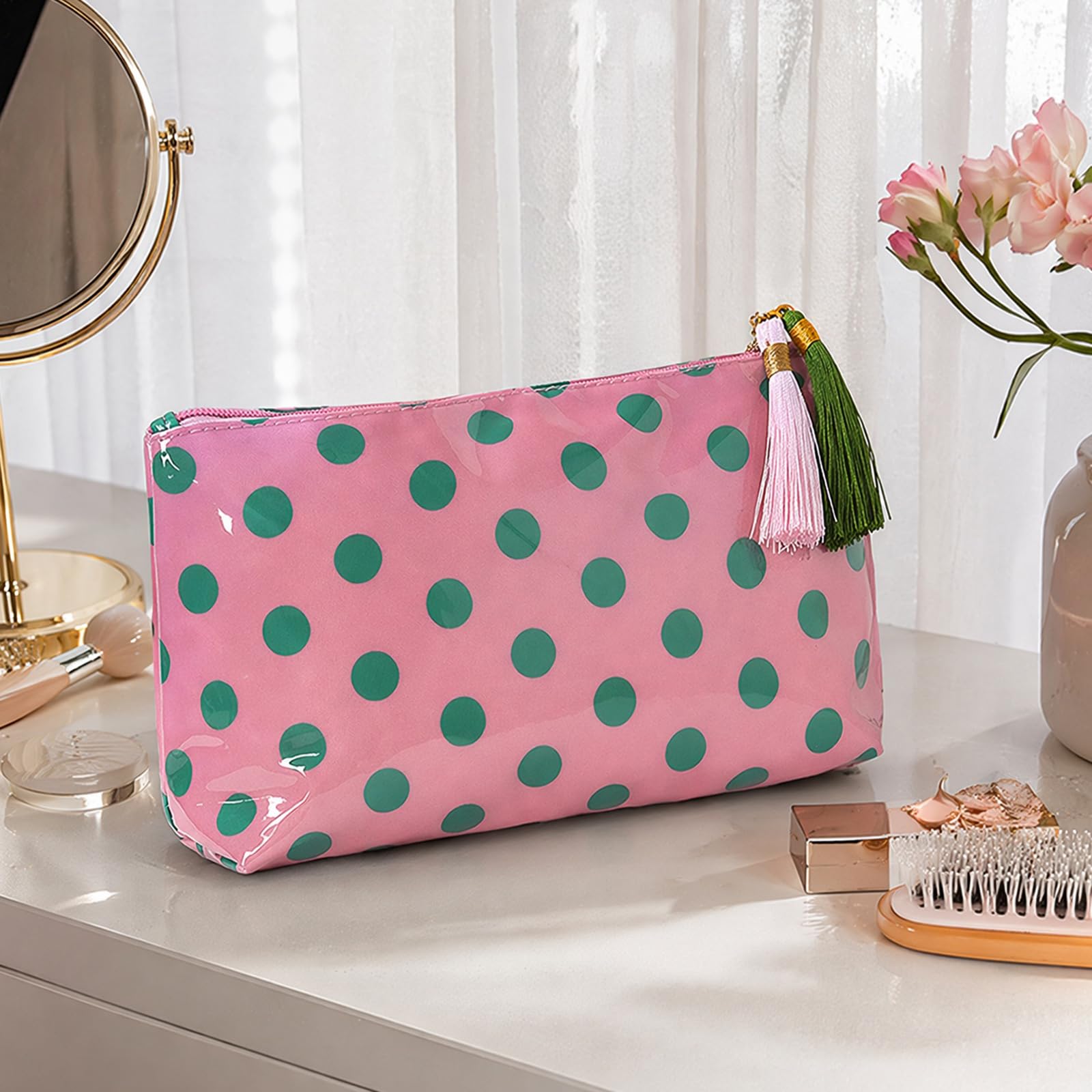 Make-up-Taschen für Damen, PVC, Retro-Motiv, gepunktet, Quaste,