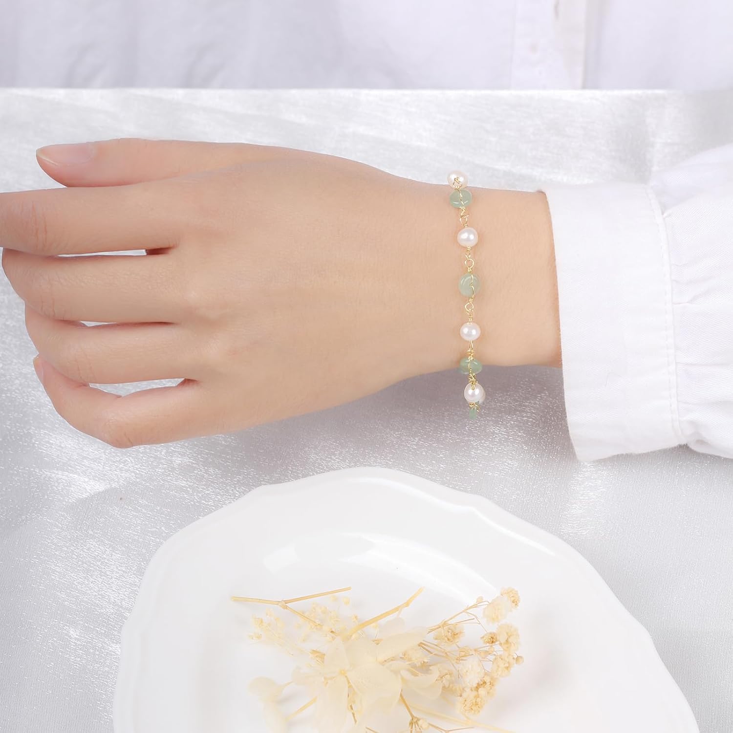 14K Gold Plated Natural Jade & Pearls Bracelets for Women, Natural Freshwater Pearls Jade Bracelets for Women, Lucky Jade Jewelry Chain for Mom Lover Her (14K Gold Plated) - Image 4