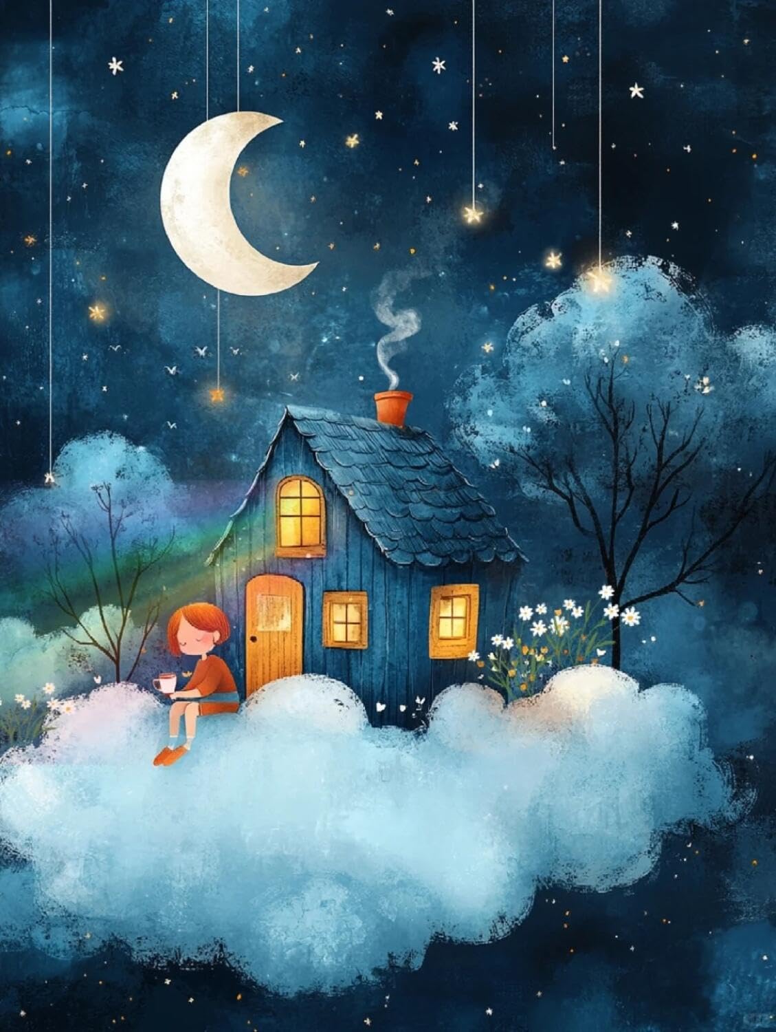 Rqwybcaxn Stamped Beaded Cross Stitch Kits House and Moon 40x50cm