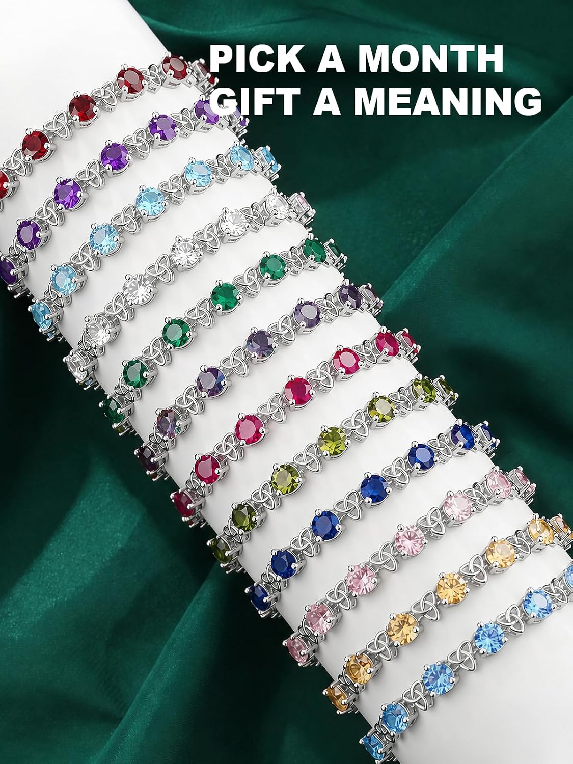 Birthstone Tennis Bracelet for Women, 925 Sterling Silver Round Cut Birthstone Bracelet, Celtic Trinity Knot Design, Adjustable Chain 6-8 Inches, Anniversary Birthday Gifts