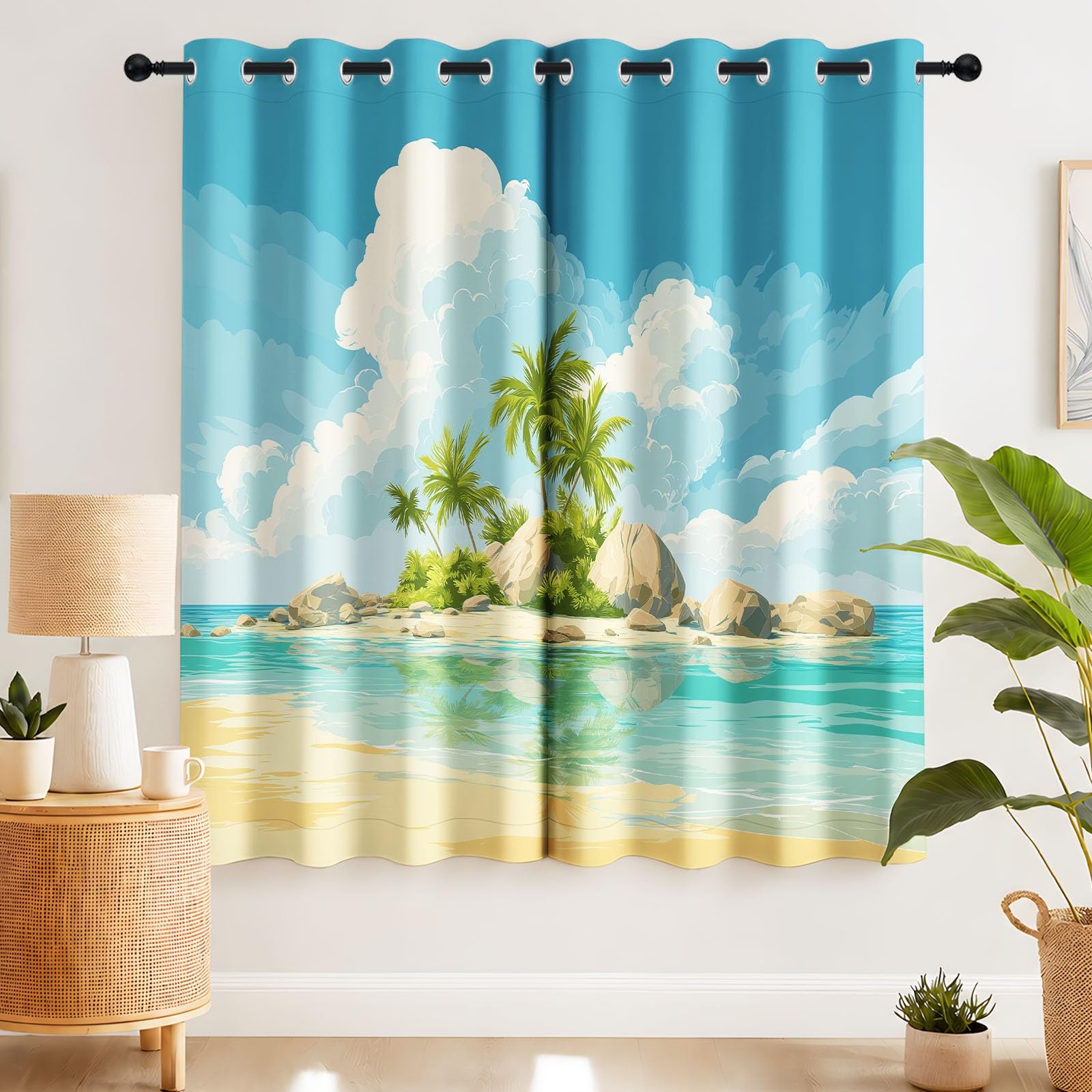 Generisch Tende oscuranti a forma di isola del mare tropicale, con motivo botanico di cocco botanico, protezione dal calore, 140 x 250 cm (larghezza x altezza), con occhielli, per soggiorno