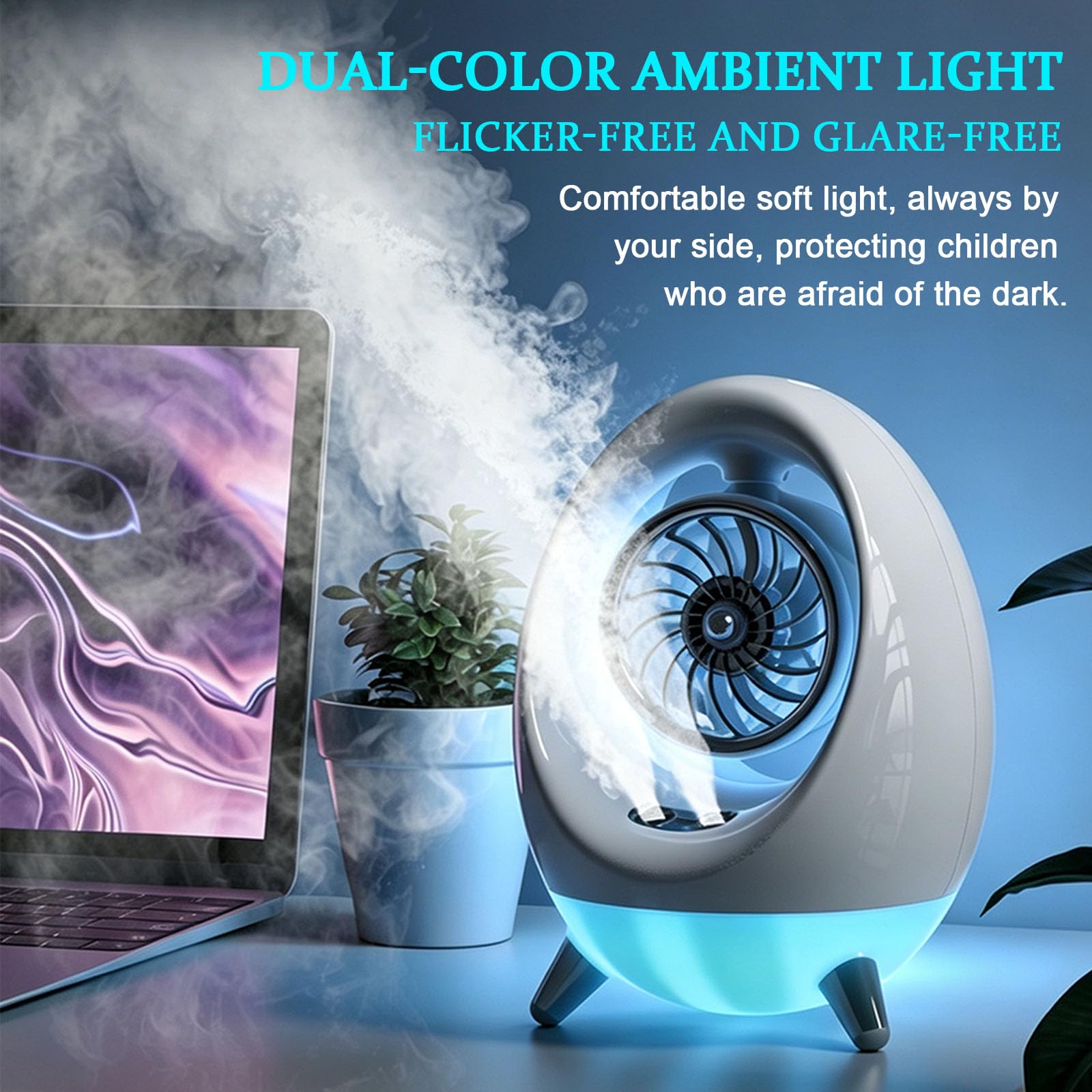 Condizionatore Portatile con Doppia Nebbia, Raffrescatore d'Aria 4 velocità | Mini Ventilatore da Tavolo con Luci LED, Silenzioso, Serbatoio 300ml, Autonomia Fino a 6 Ore, per Camera/Scrivania
