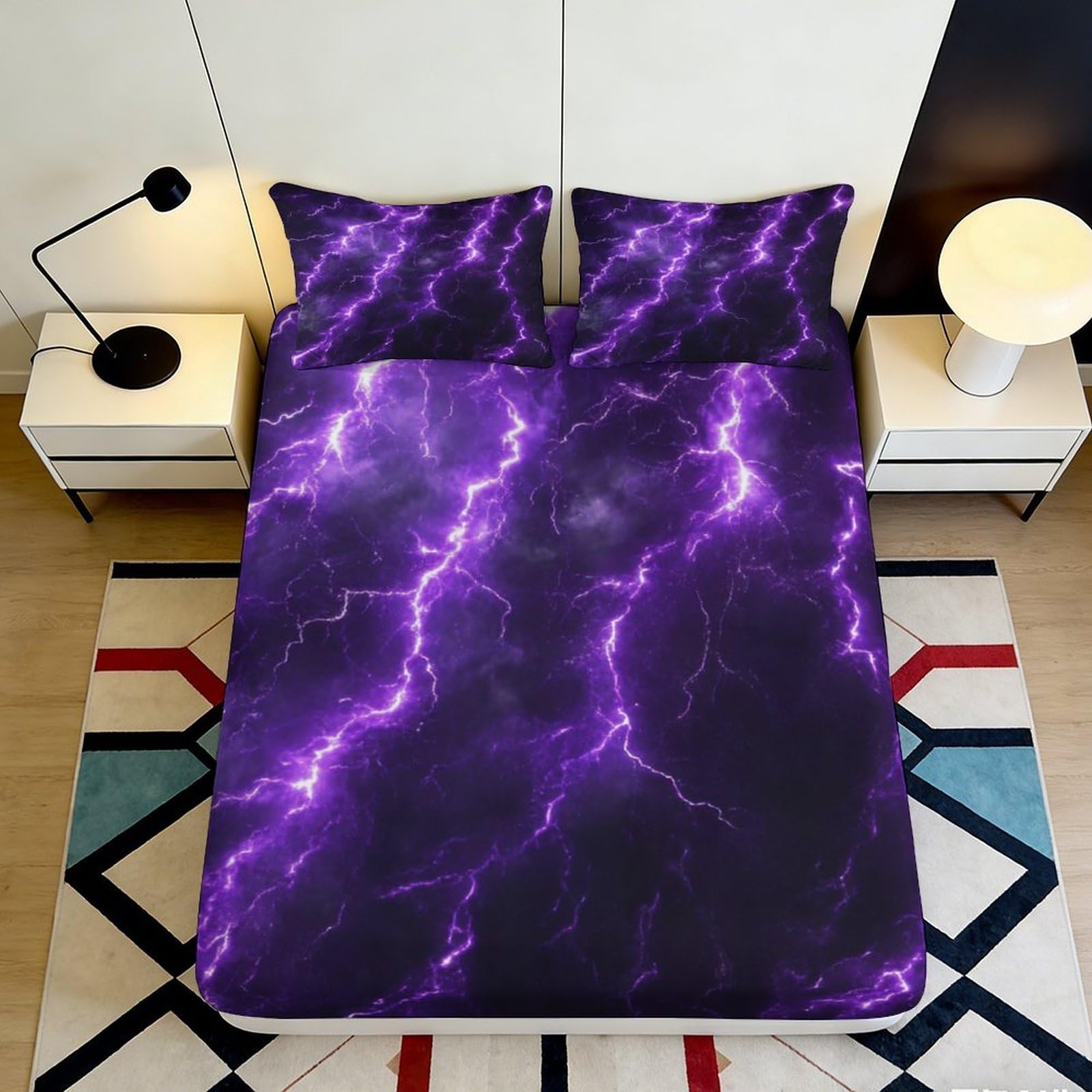 3D Printed Purple Lightning Fitted Sheet Microfiber Soft Breathable Storm Pattern Bed Cover for Bedroom Dormitory Guest Room Mattress Protection 180x200x25cm