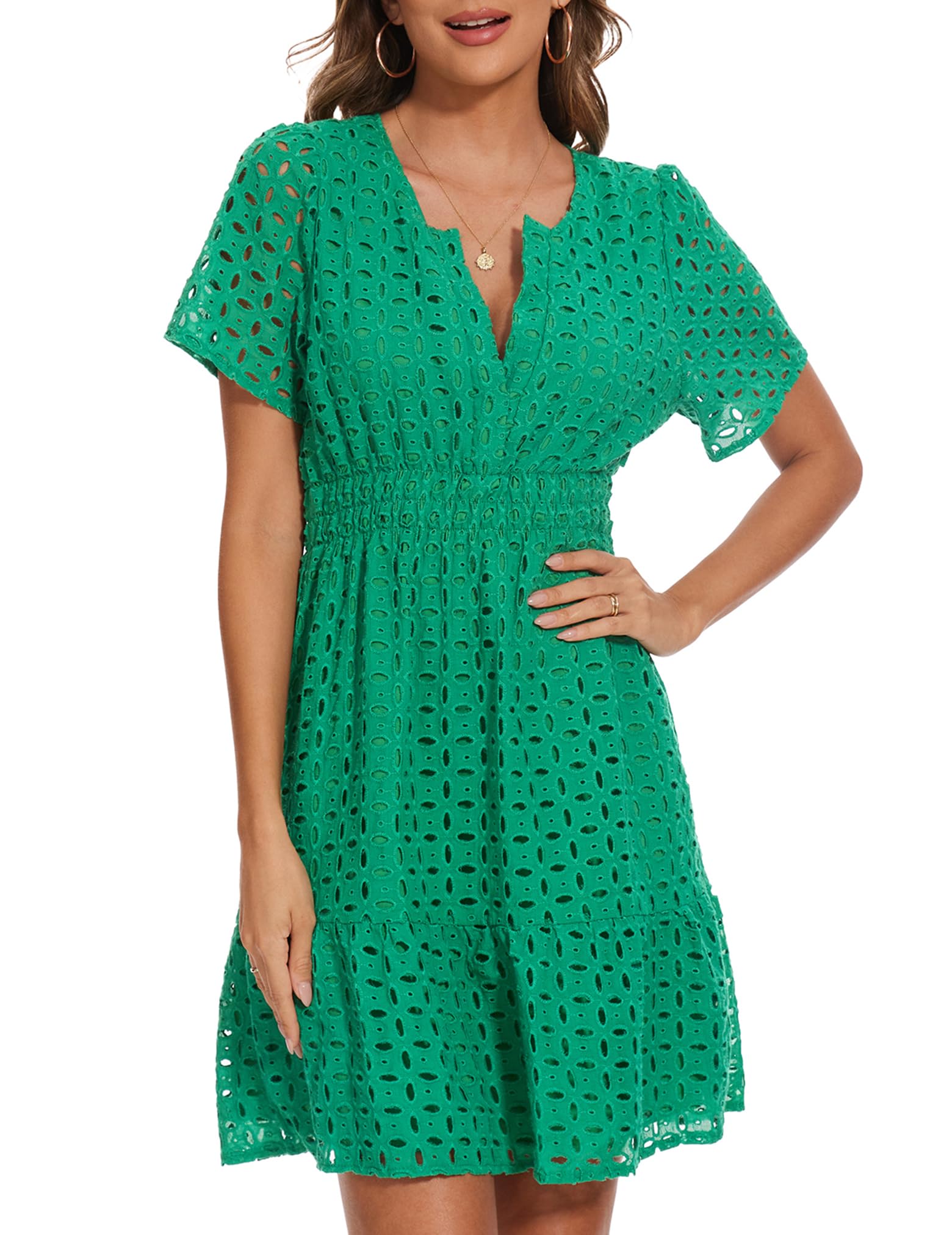 Women Summer Eyelet Lace Dress Casual V Neck Mini A Line Hollow Out Embroidered Formal Dress Sundresses