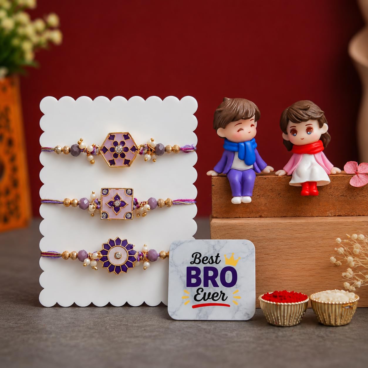 eCraftIndia Designer Rakhi Set of 3 for Brother with Best Bro Ever Fridge Magnet & Cute Couple Showpieces | Premium Beaded Rakhi for Raksha Bandhan | Traditional Fancy Rakhi Gift Set for Bhai