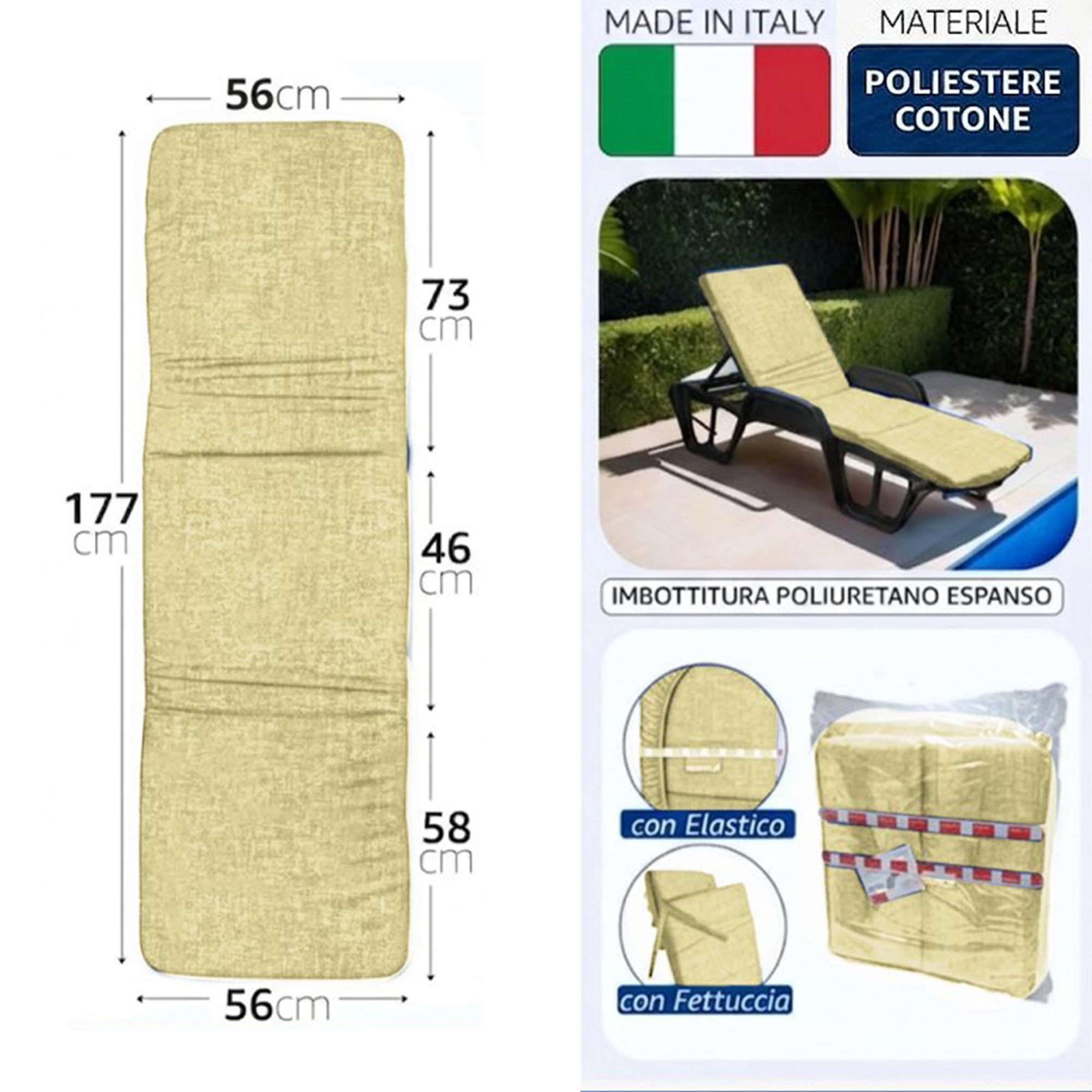 Sicignano Cuscino per Lettino Tenerife, 177x56 cm, Poliestere e Cotone, con Elastico e Fettuccia (Beige)