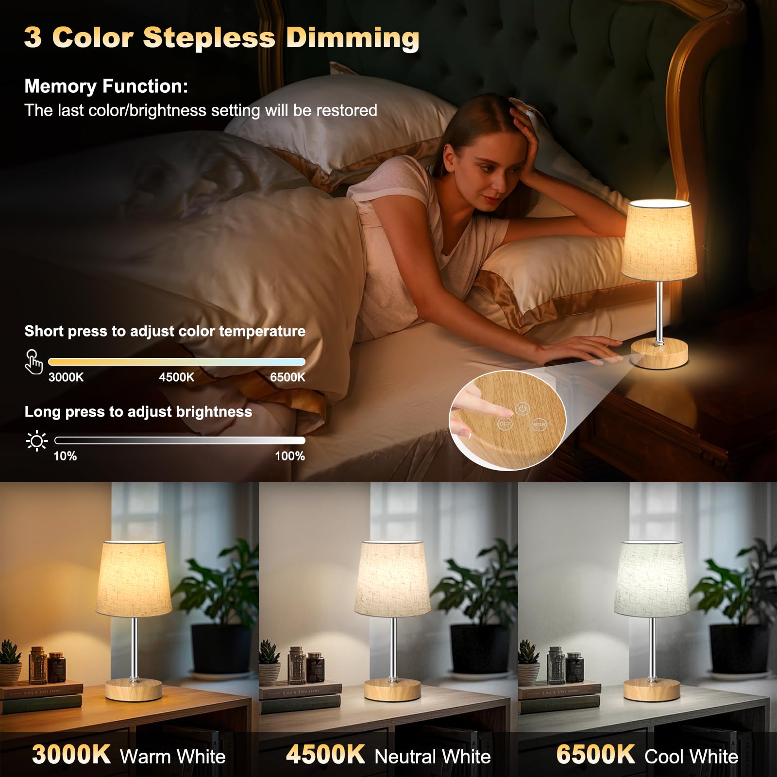 Wowag Piccola lampada da tavolo senza fili, 5000 mAh, ricaricabile a batteria, 3 colori e 7 RGB dimmerabile, luce notturna portatile da comodino per patio, ristorante, casa, base in legno, paralume in