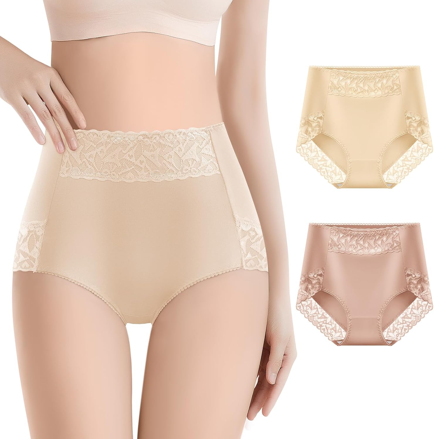 Cotton Lace Underwear for Women High Waisted Stretch Breathable Panties Comfortable Full Coverage Briefs Multipack