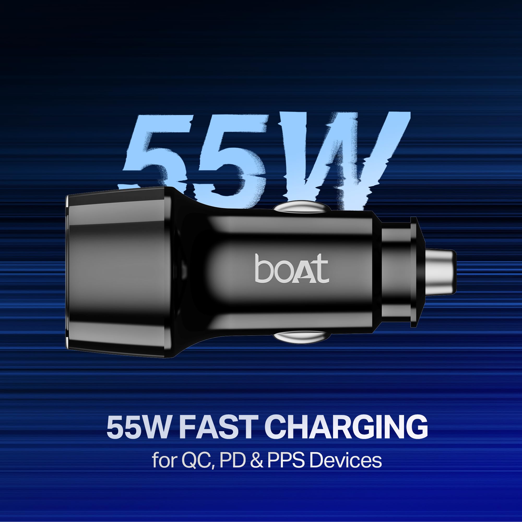 Boat 55W Car Charger with Dual Port USB-A and USB-C; Supports QC, PD & PPS Advanced Charging Protocols | 12-Layer Smart IC Protection | Compact, Lightweight, Heat & Scratch Resistant (Carbon Black)