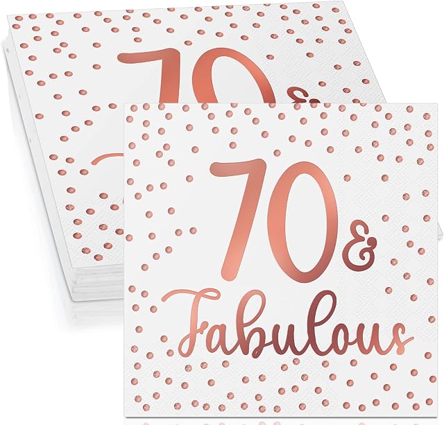40 Pcs Glitter Rose Gold Napkins Happy 50th 60th 70th 80th 90th Birthday Napkins Fabulous Cocktail Custom Disposable Napkins for Birthday Party Anniversary Decoration, 3-Ply (70th Fabulous)