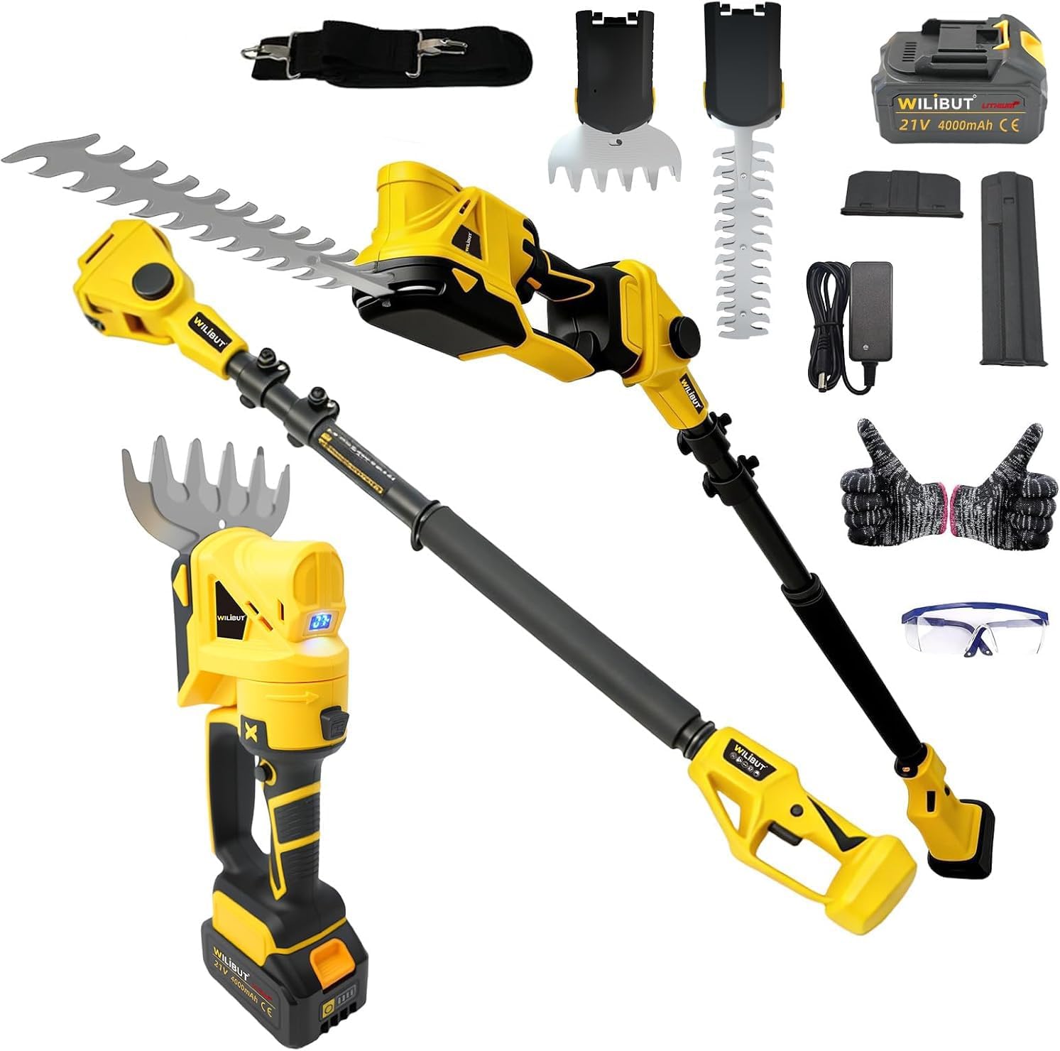 4-in-1 Pole Hedge Trimmer & Grass Shear, 16FT Reach, Electric Bush Trimmer with Extension Pole, Cordless Shrub Trimmer with 180° Adjustable Angle, Brushless Motor, LCD Display, 4.0Ah Battery