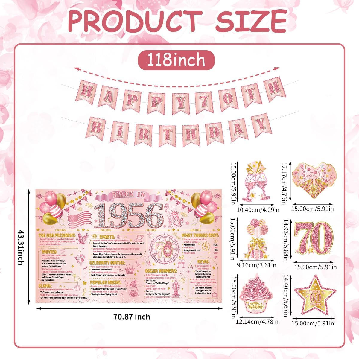 70th Birthday Decorations for Women 37PCS Rose Gold 70th Party Decorations Banner, 1956 Bday Backdrop, Haning Swirls, Paper Fans, Cake Toppers, Crown, Sash, Balloons, Cheers to 70 Years Party Supplies
