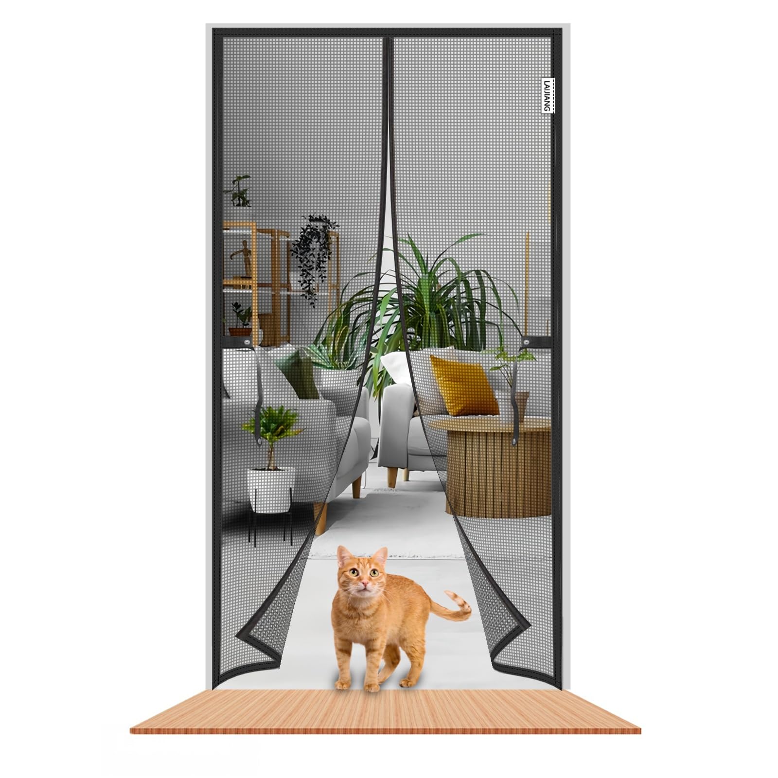 LAIJIANG Magnetic Screen Door, Heavy Duty Mesh Screens Door with 4cm Wider Magnet At The Top, Fly Curtain Self-Sealing Keeps Bugs Out Kids & Pets Friendly(Black T,110x210cm)