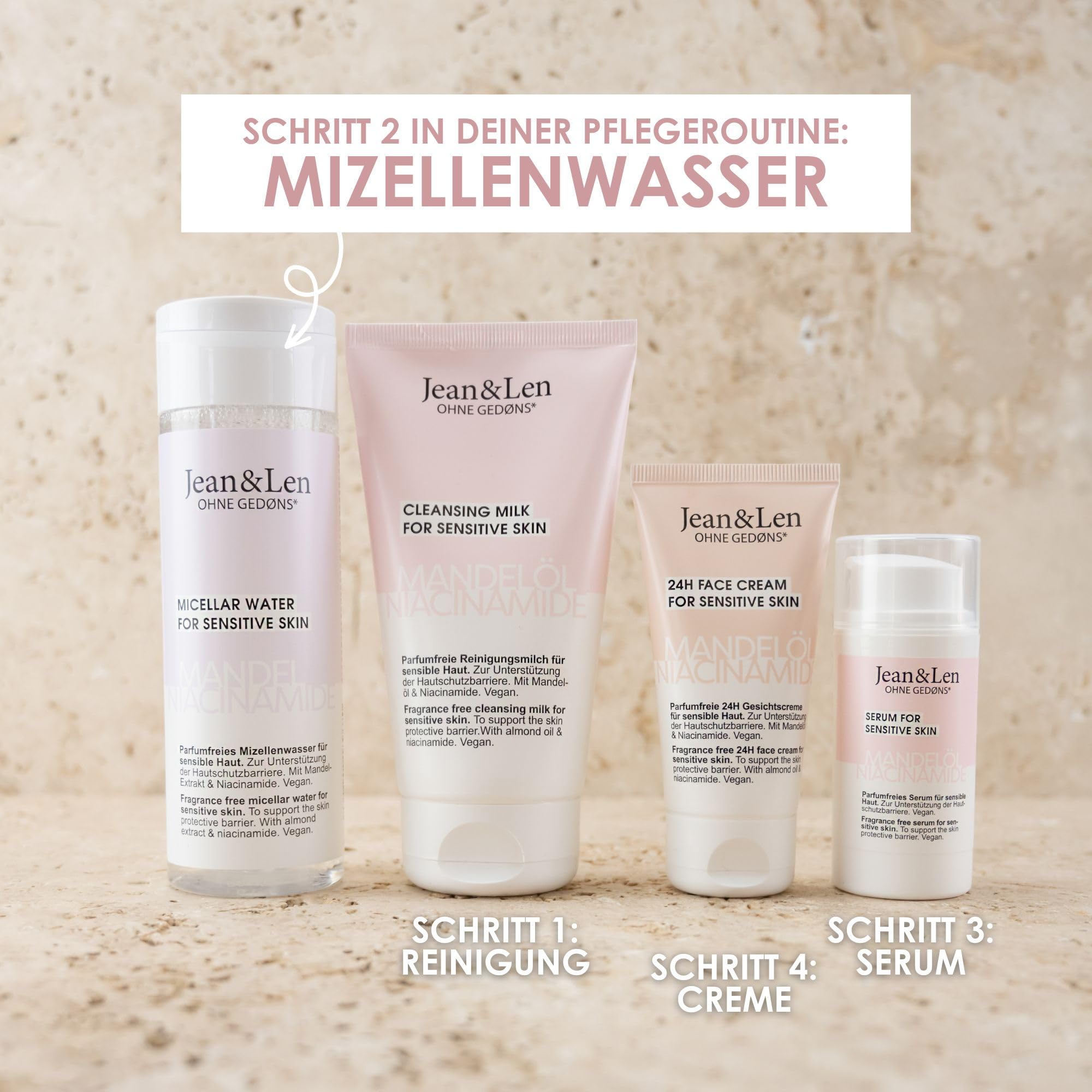 Jean & Len Woda micelarna bez perfum, migdał i niacynamid, nadaje się do skóry wrażliwej, pomaga w łagodzeniu skóry, delikatnie oczyszcza skórę, bez parabenów i silikonów, wegańska, 200 ml