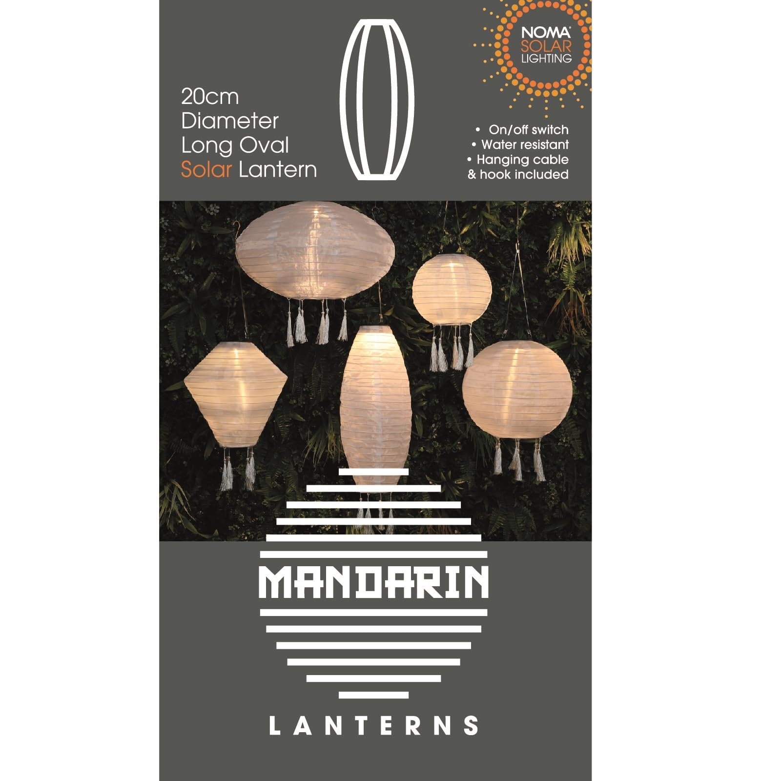 NOMA White Solar Mandarin Lantern, Long Oval with Tassels, 20 cm