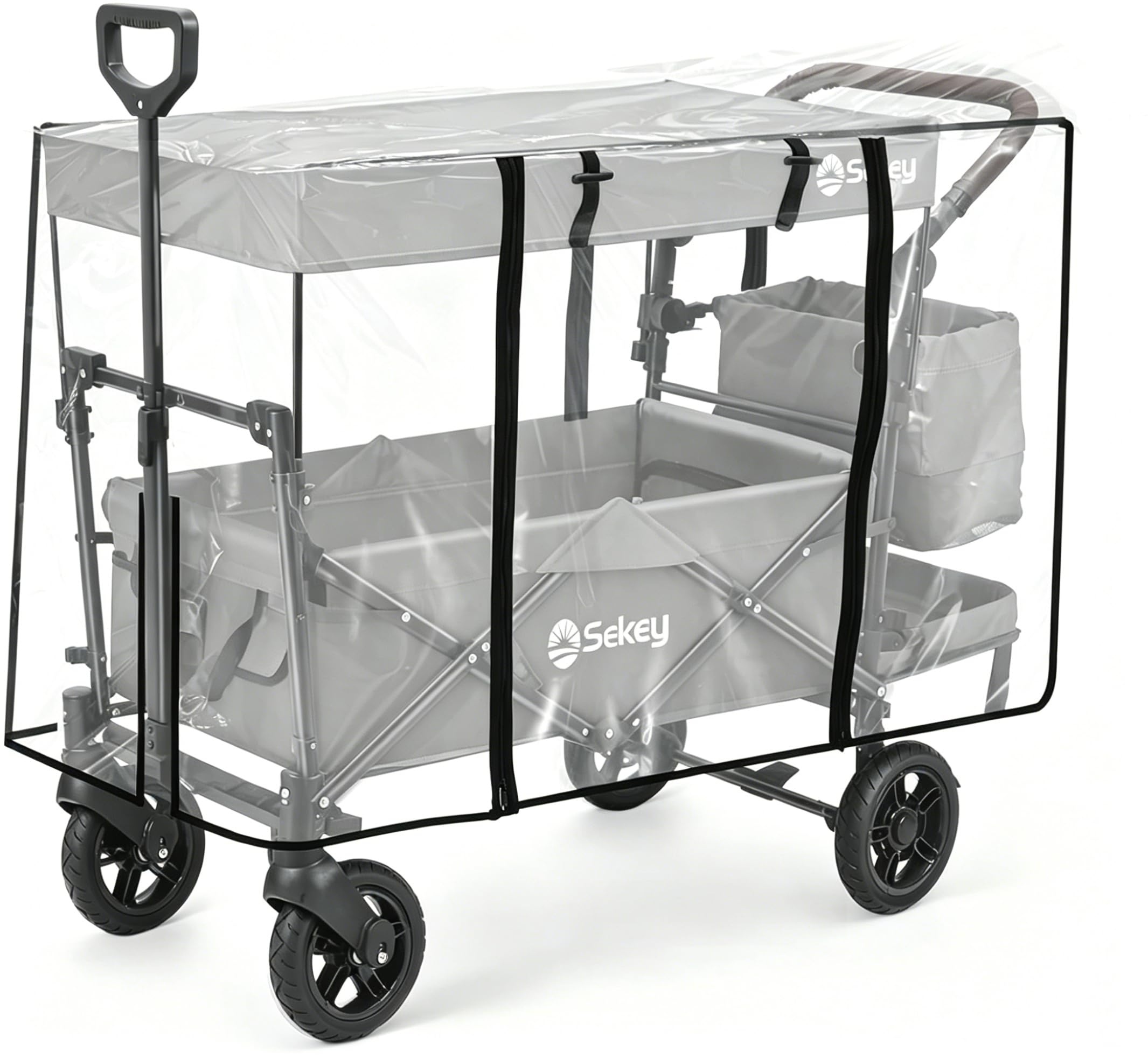Sekey Kids Folding Handcart Wagon with Removable Canopy and Rain Cover, Versatile Transport Trolley for Family Outings Including Shockproof PU Wheels, 220LBS(100KG) Weight Capacity, Push Handle, Grey