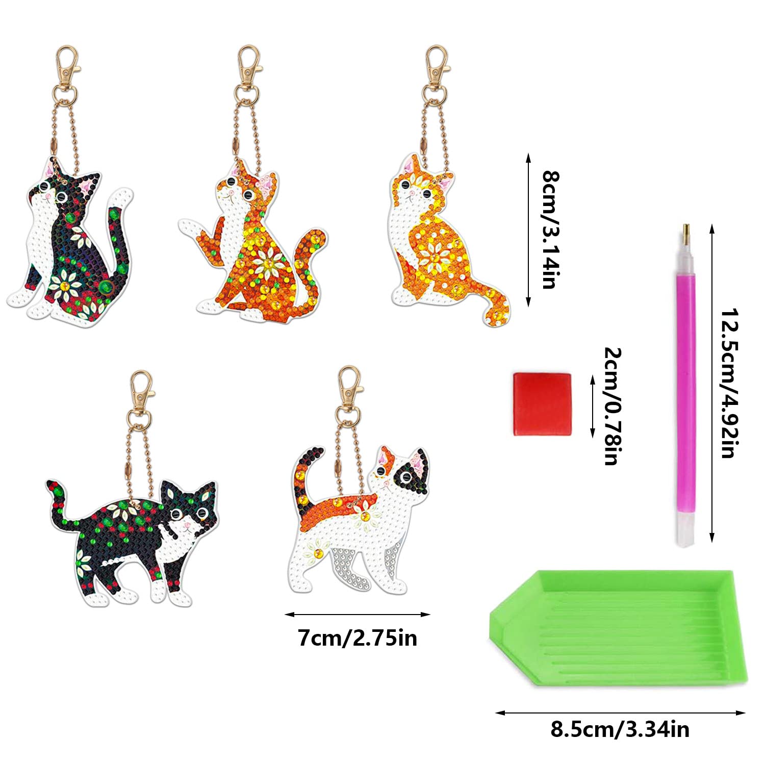 12 Pezzi Kit Portachiavi Fai Da Te Con Diamanti - Gatti Mosaico 5D Con Strass, Doppia Faccia, Penna E Colla Inclusi - Ideale Per Decorare Borse E Zaini