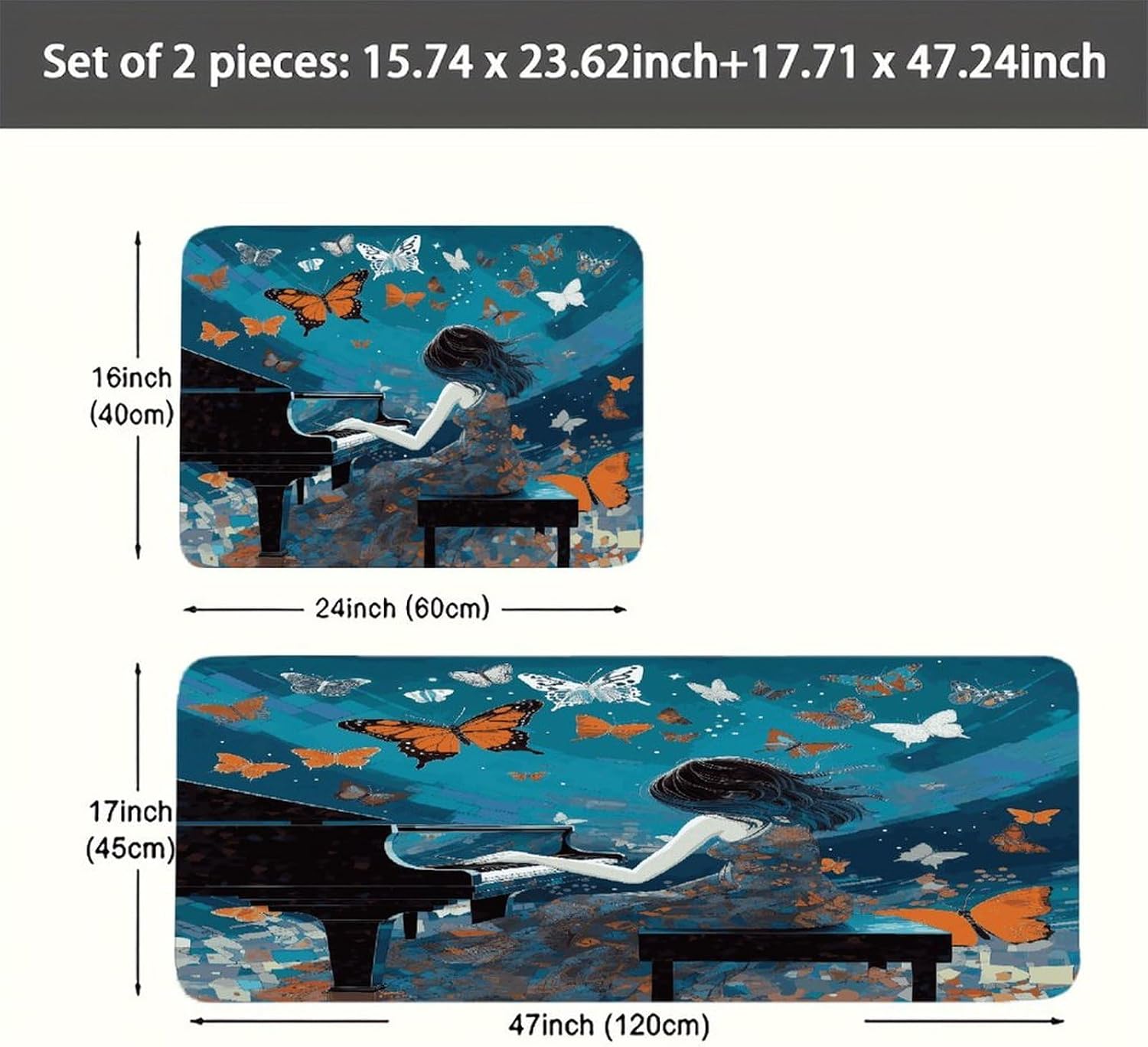 Girl Playing Piano Kitchen Mats with 2PCS Non-Slip Washable,Kitchen Rug Heavy Duty Durable, Floor Mats for Kitchen,Office,Sink,Laundry