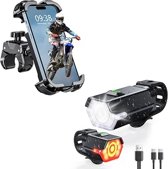 Zewdov Bike Accessories - Bike Phone Mount [Full Protection][Easy to Enstall], Bike Lights for Night Riding [3+6 Modes][Rechargeable+Side Warning Lights]