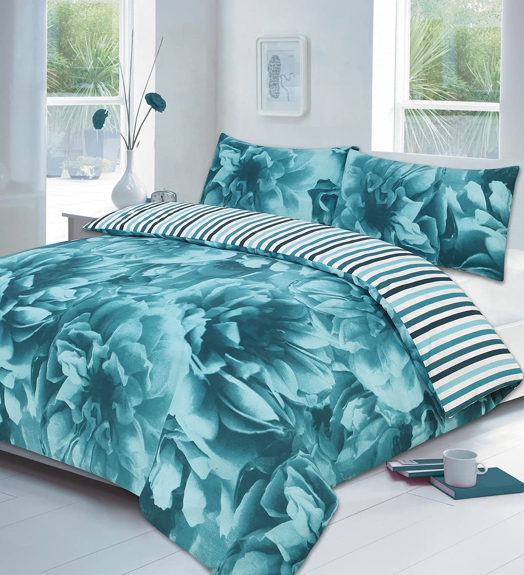 HOME ACE Rose Teal Printed King Duvet Cover Set - Easy Care Poly Cotton King Size Quilt Cover Bedding Set - 230CM x 220CM with 2 Pillowcases 50CM x 75CM โ image 1