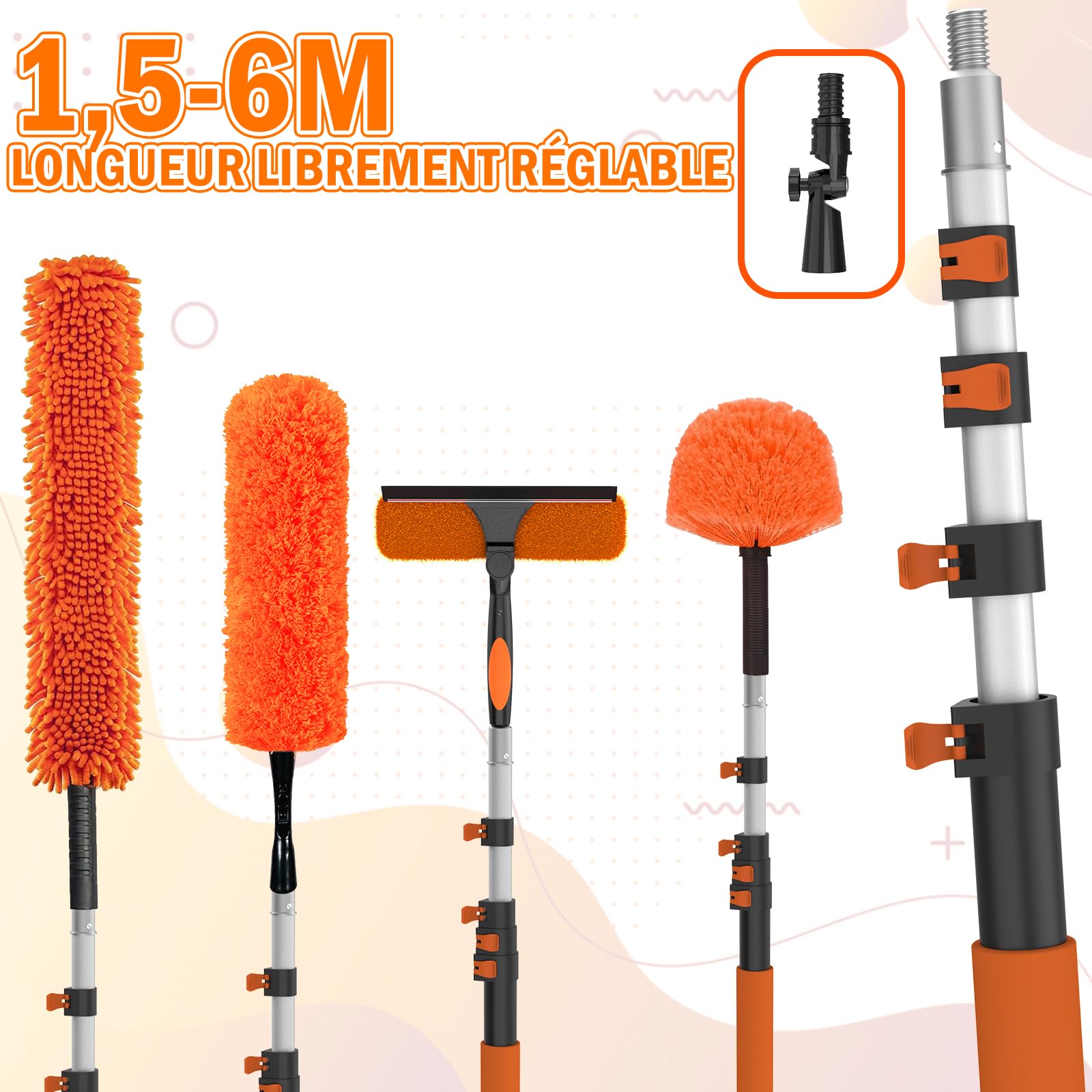 LAANPOLE Plumeau Poussiere avec 6m Perche Telescopique, Tete de Loup de Ventilateur de Plafond, 2-en-1 Raclette Vitre Professionnel