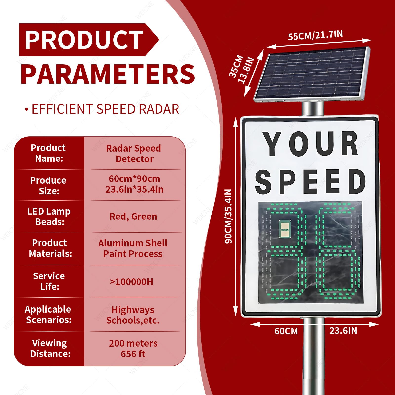 MIAOXIAOLONG 60 X 90 Cm Señal De Radar De Velocidad Solar, con Indicador De Velocidad Y Control Remoto, con Detector De Límite De Velocidad Y Pantalla Led, 336 Led E Intermitente Ajustable White