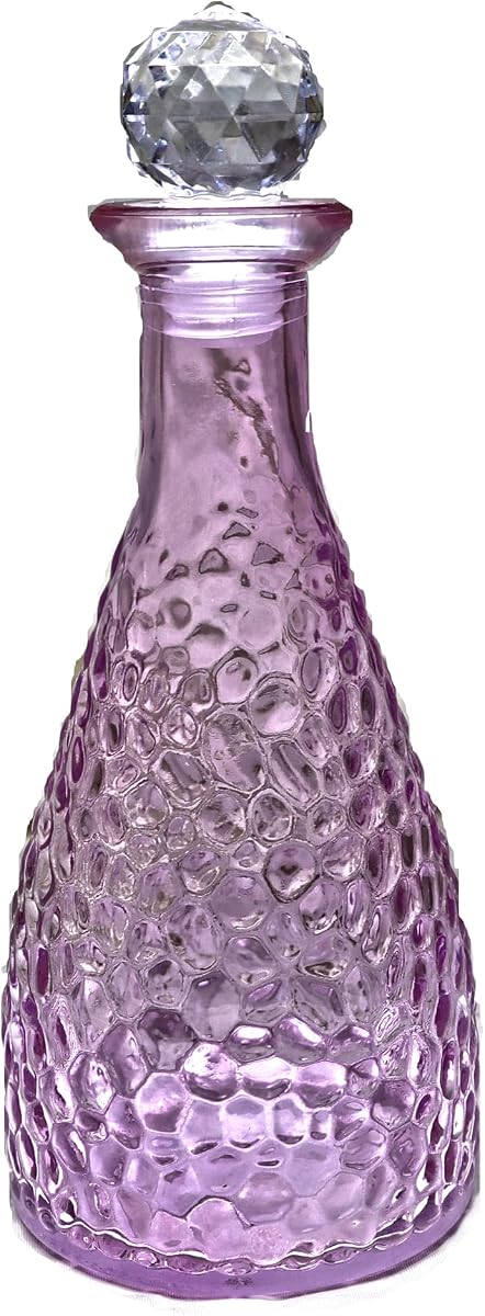 Botella de vidrio martillado de lavanda con tapón, botella decorativa de 6,9 ​​pulgadas