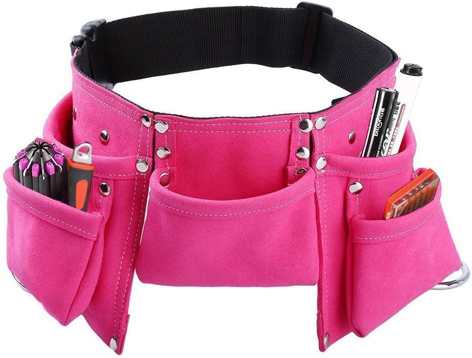 Kids Tool Belt, Monocho Kids Construction Tool Belt Real Suede Leather Children's Tool Pouch with 7 Pockets for Boy and Girl Costumes Dress Up Role Play Adjustable Size for Ages 2-14 (Pink)