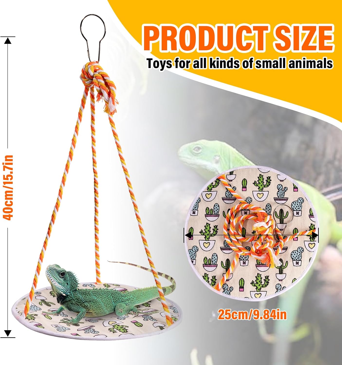 Lizard Swing Hammock, 15.7 * 9.8 Inch Reptile Hammock Climbing Hanging Bed for Bearded Dragon, Lizard, Gecko, Snake (Green Cactus)